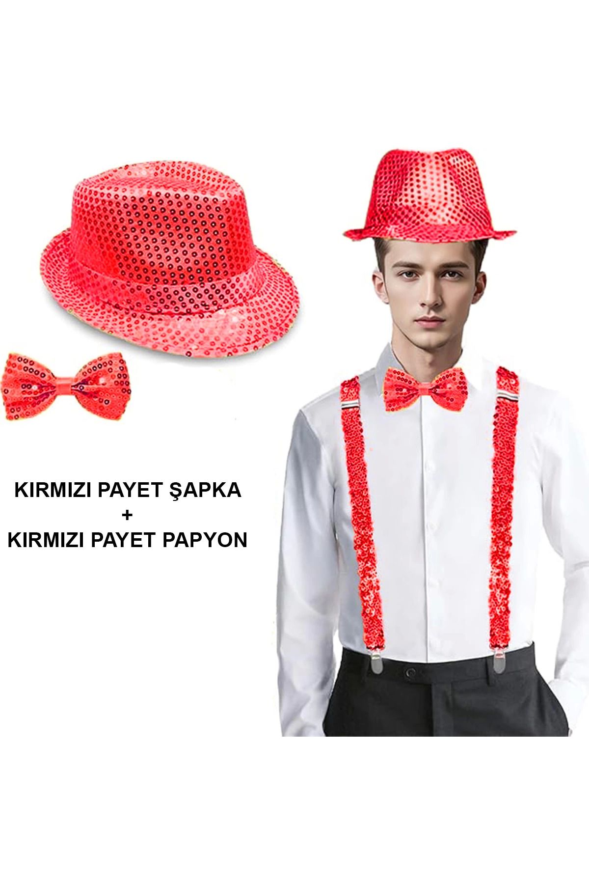 Narnuga Kırmızı Payetli Şapka Ve Papyon Seti – Parıltılı Yetişkin Kostüm Seti - MCT9590-8535
