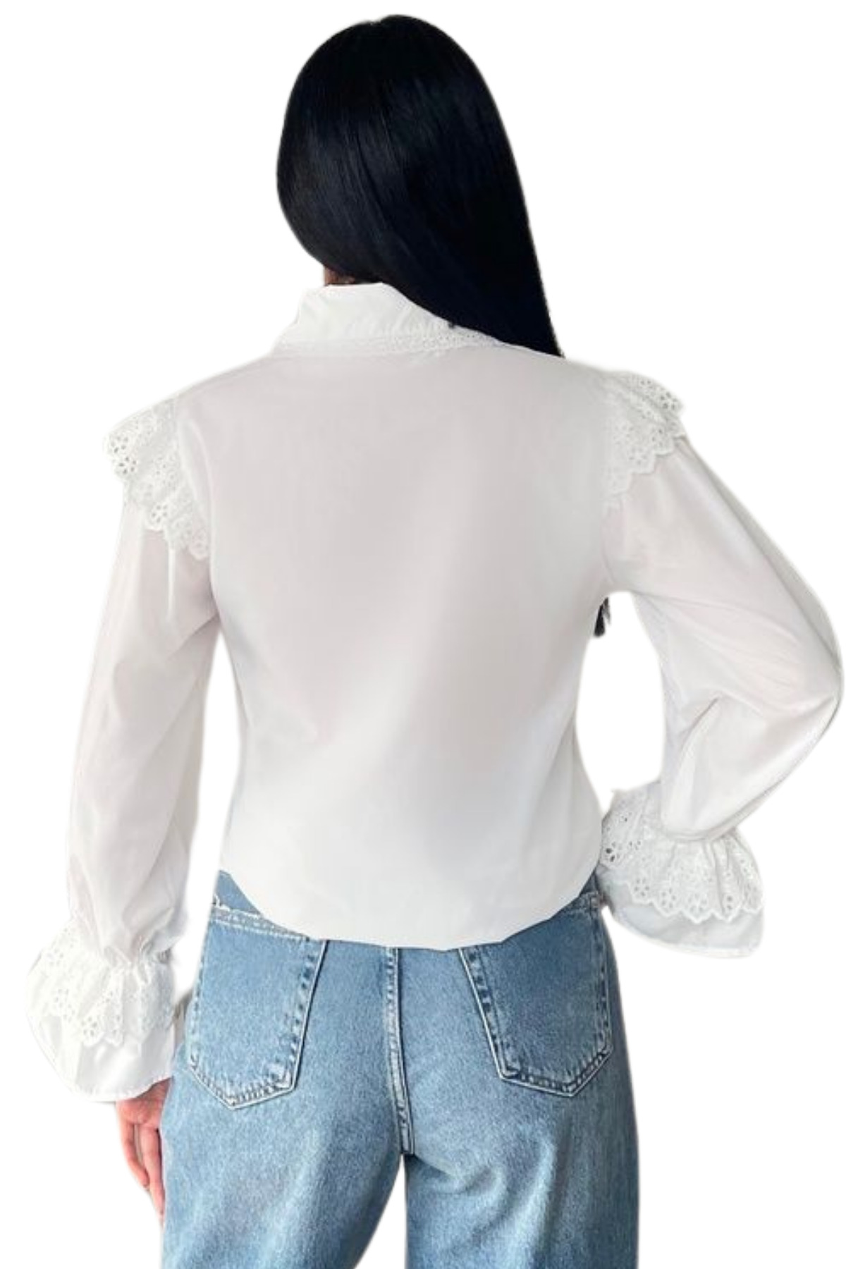 Fashion Station  Kadın Beyaz Omuz Kol Volanlı Bebe Yaka Fisto Nakışlı Düğmeli Vintage Gömlek - Görsel 3