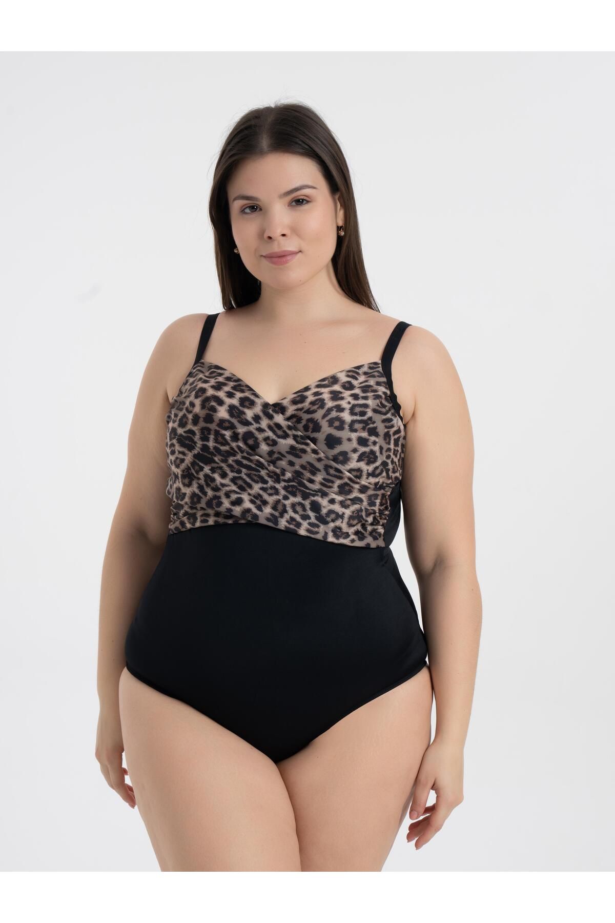 AQUAVİVA-Aquaviva Women's Plus Size Black Leopard Pattern Brunella Underwire Support Swimsuit 3