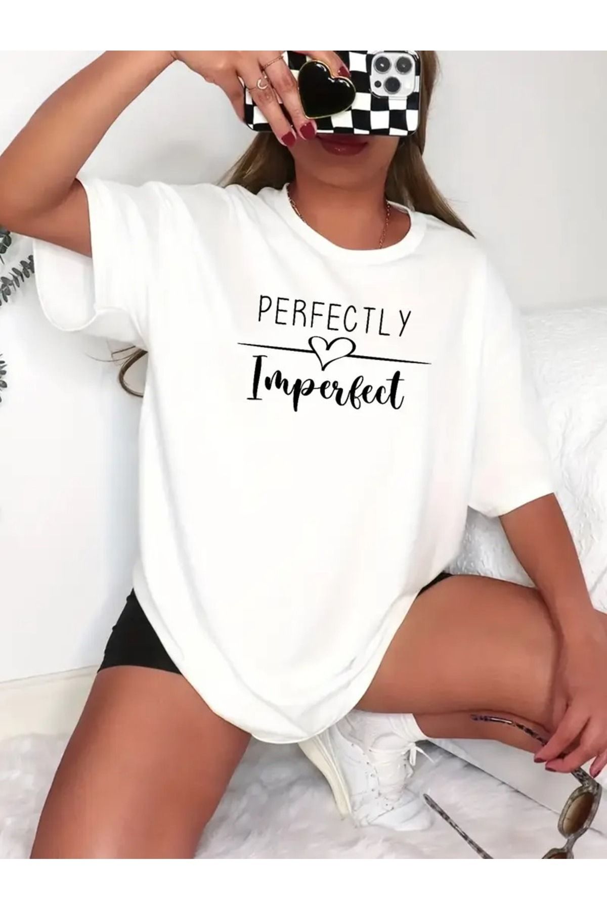 JoneBase Unisex Perfectly Kalp Baskılı Oversize  %100 Pamuk T-shirt