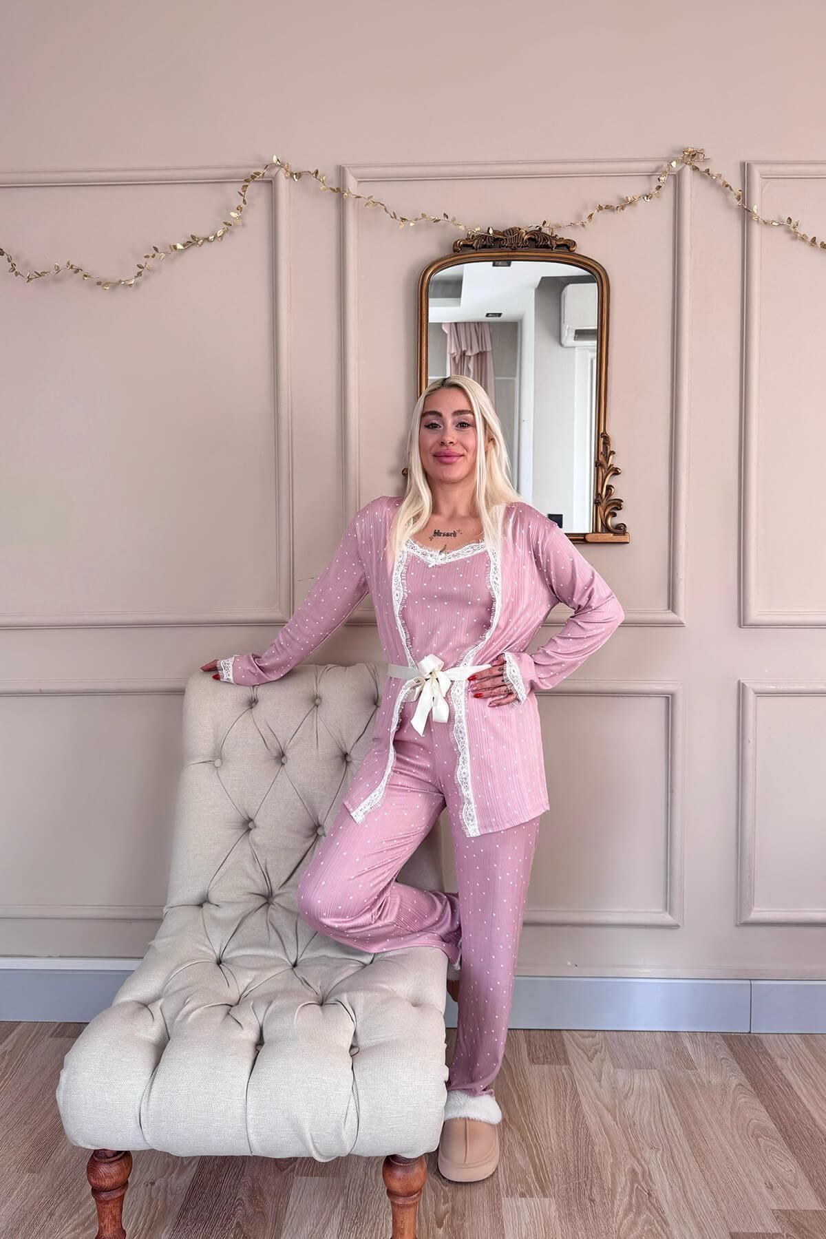 Pijamaevi-Pink Point Patterned Pegasus Pajama Set with Dressing Gown 5