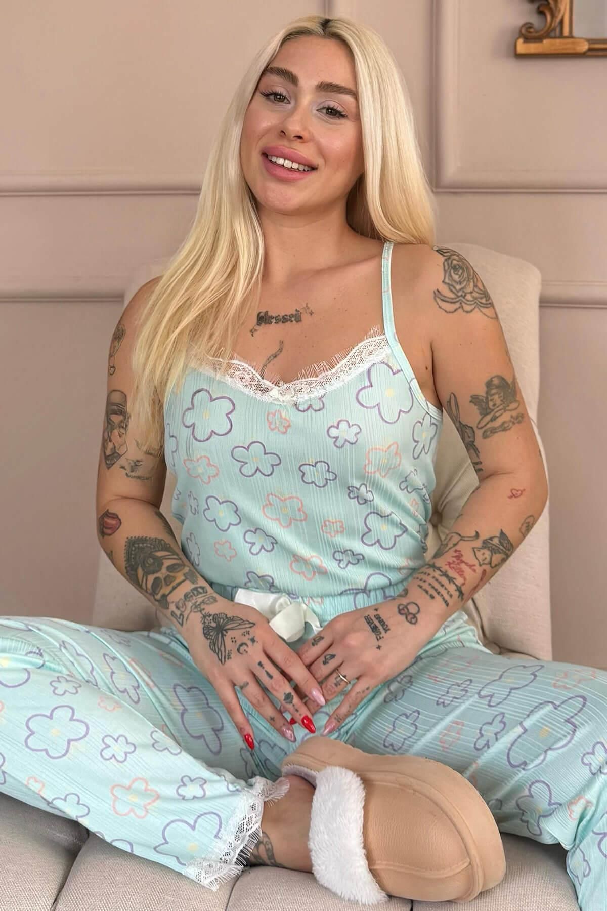 Pijamaevi Blaue Linie Floral Spitze Seil Riemen Gestrickt Pyjama Set für Damen - S