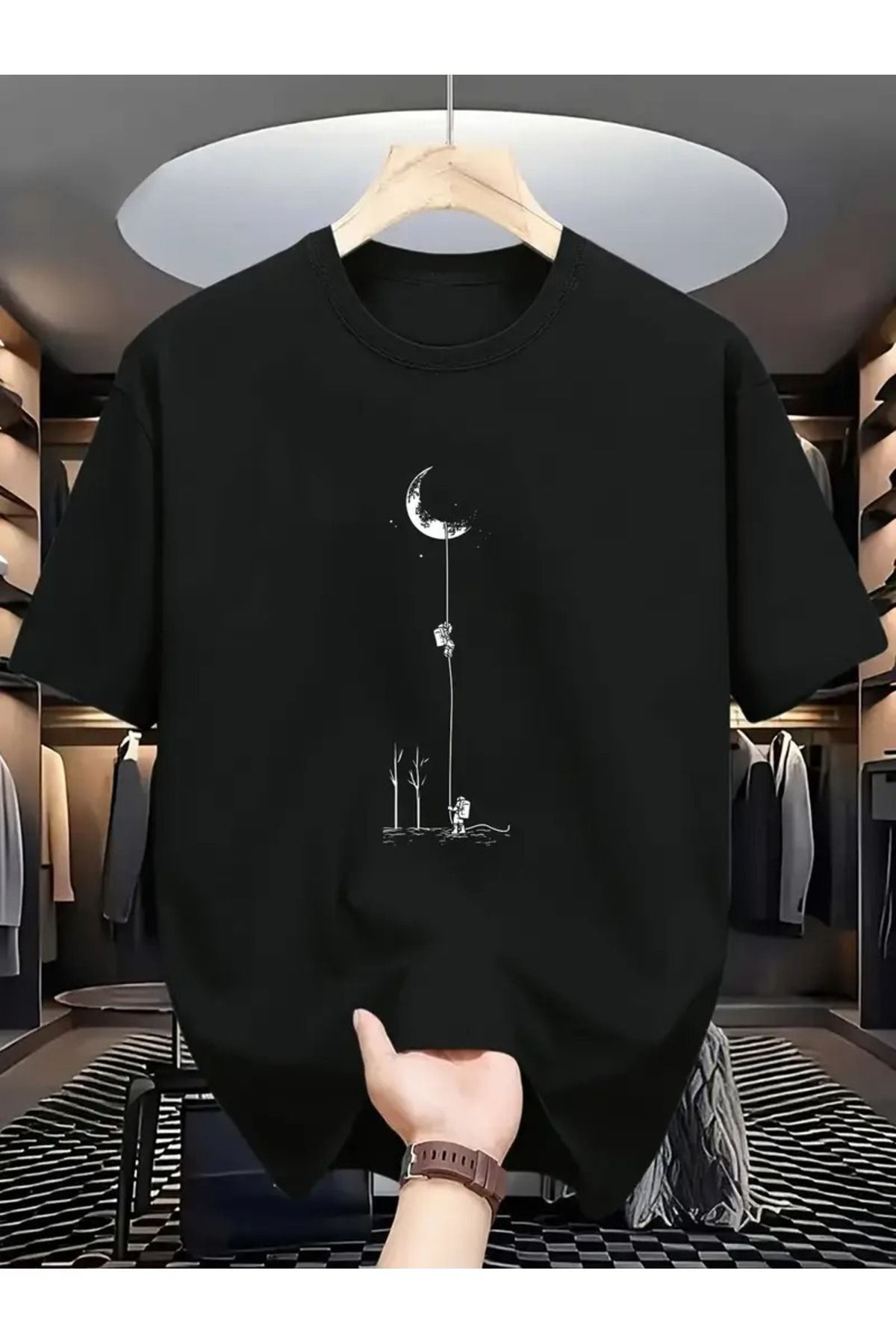 JoneBase Unisex Yarım Ay Astronot Baskılı Oversize  %100 Pamuk T-shirt