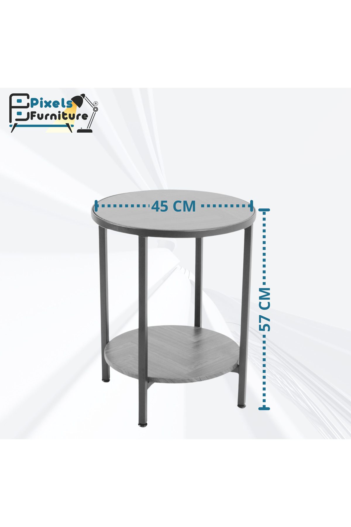 PixelsFurniture-Set of 2 Round Side Tables 2 Tiers by Pixel Furniture for Coffee with Wood Top, Bottom Shelf and Metal Ends 4