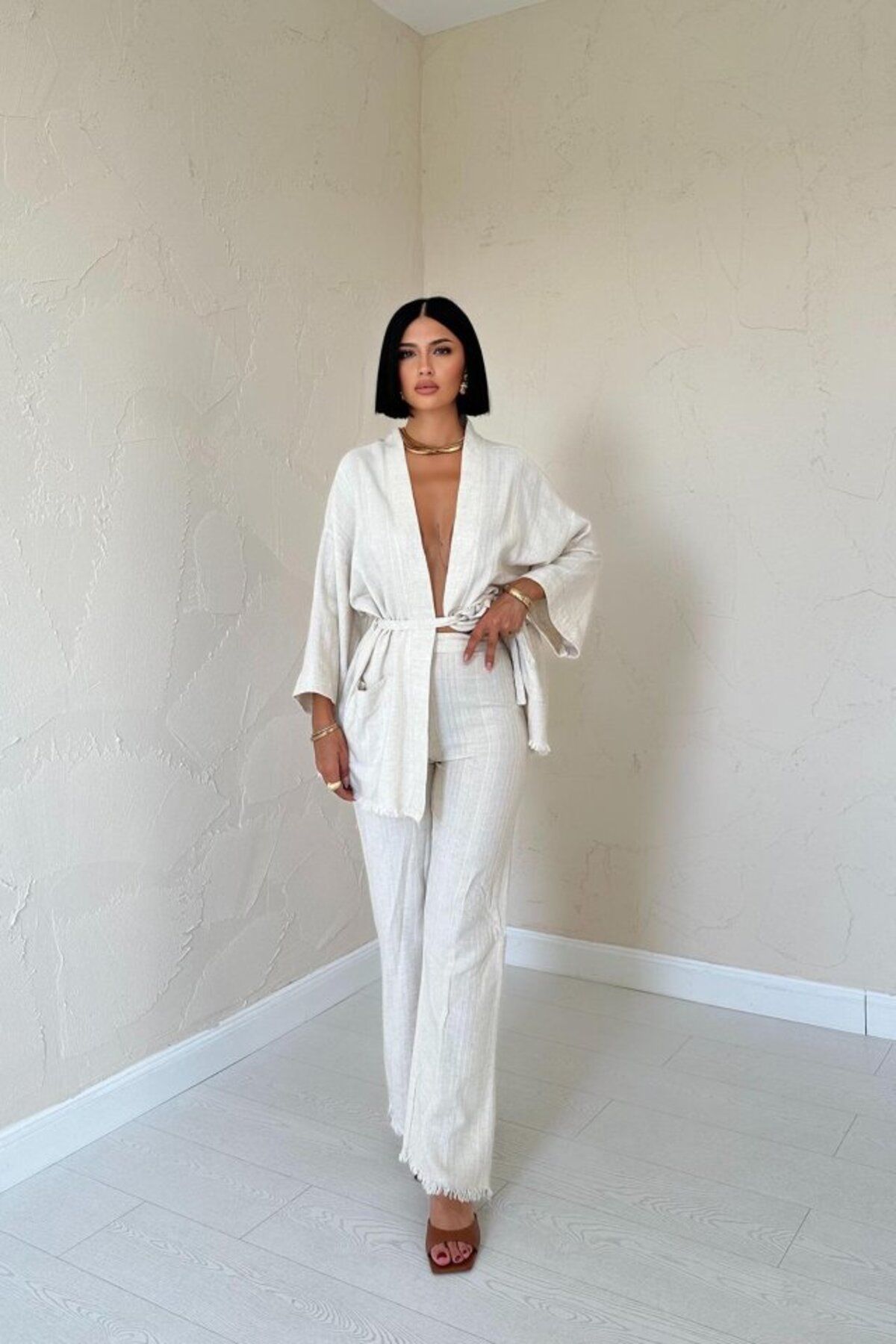 velmorafashion Bej Kimono Ve Pantolon Takım