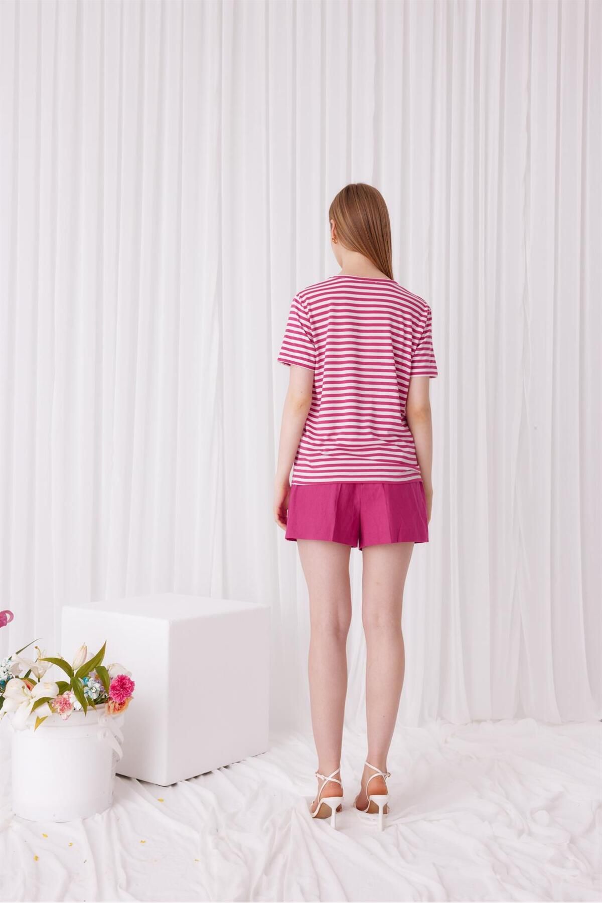 TUBİA-Women's Fuchsia Color Striped Short Sleeve T-Shirt 7