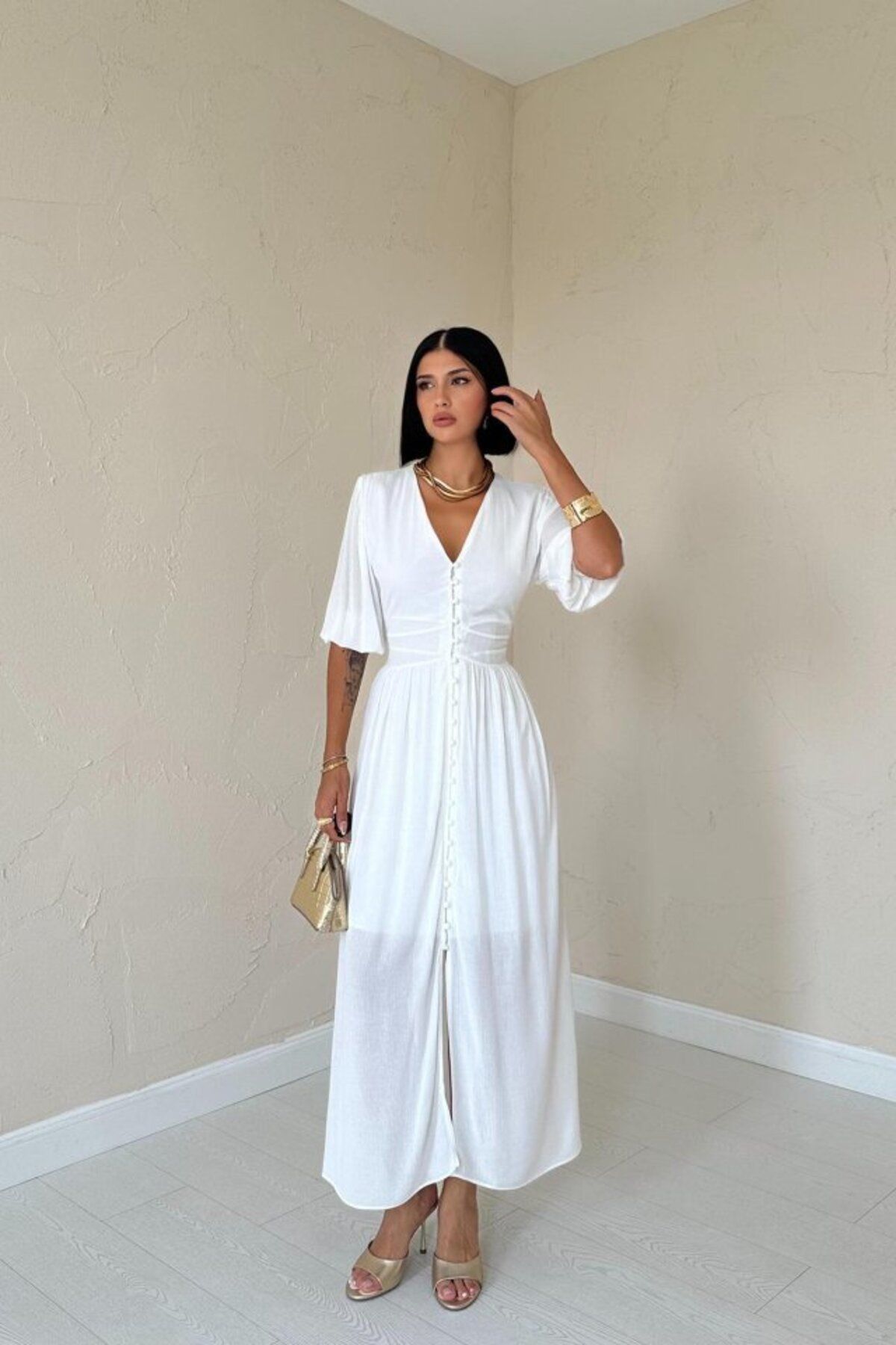 velmorafashion Ekru Önü Düğmeli Elbise
