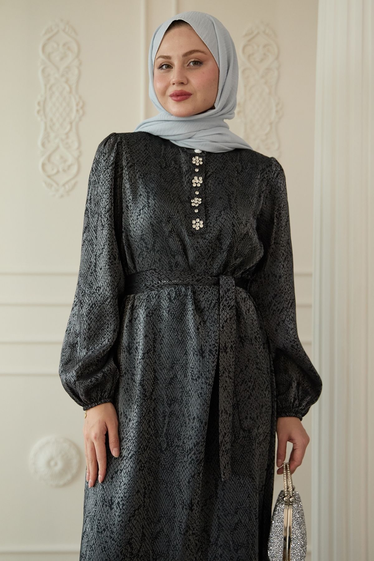 InStyle-Black Jacquard Dress with Paw Stone Detail 4