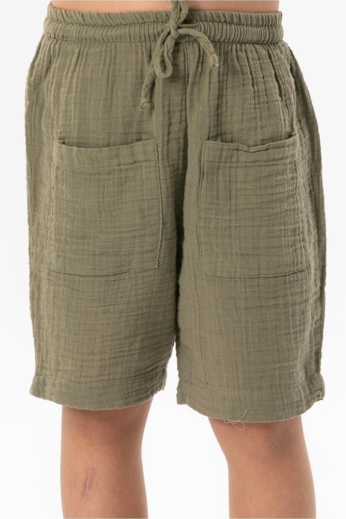 Eliş Şile Bezi Pantaloni Scurți De Muselină De Vară Pentru Băieți Cu Buzunar Occidental Kaki Hk Masculin - 4-5 ani