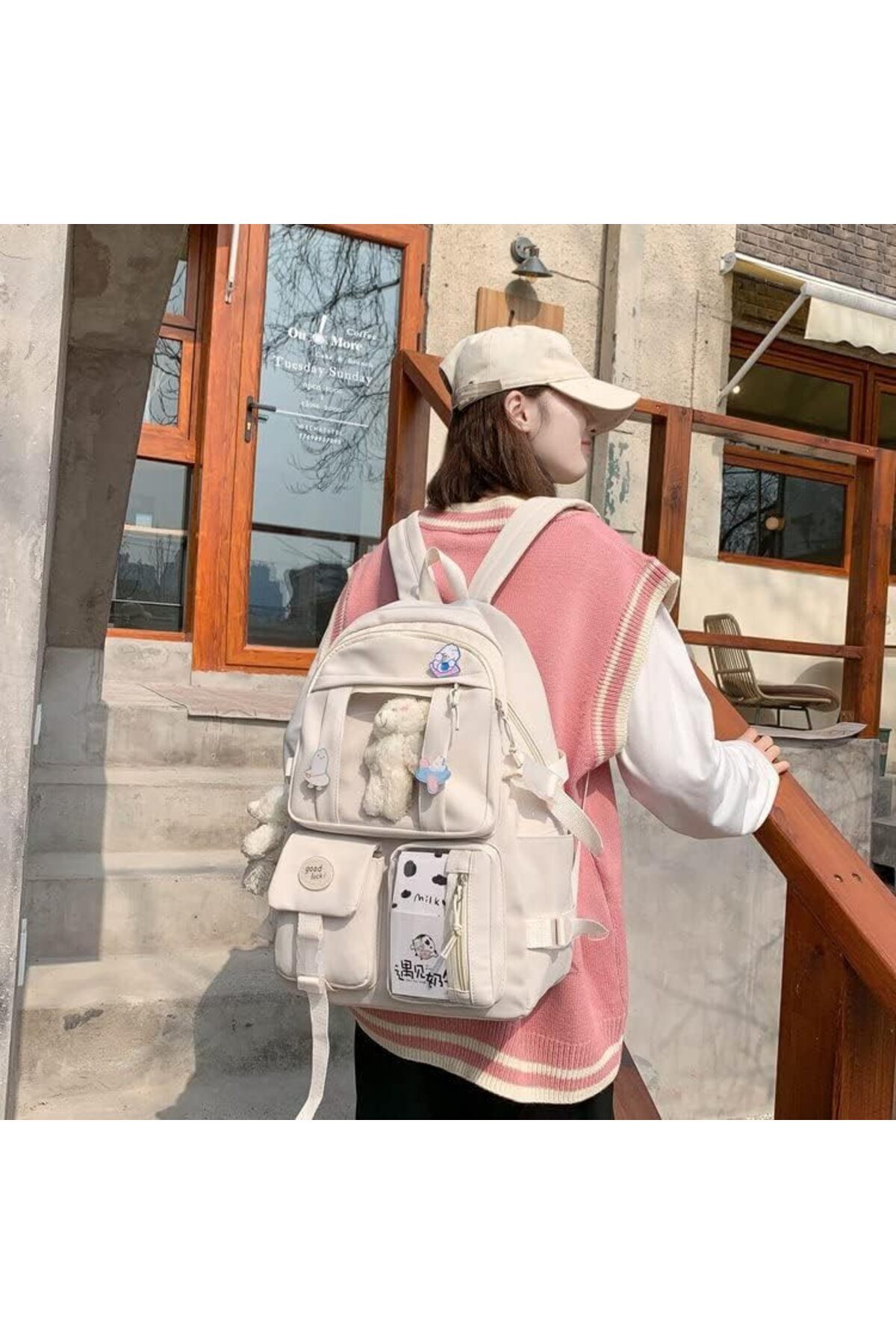 COOYA-School Shoulde Backpack with Cute Plush Pendant, Aesthetic Cute Waterproof, for Children's(White) 5
