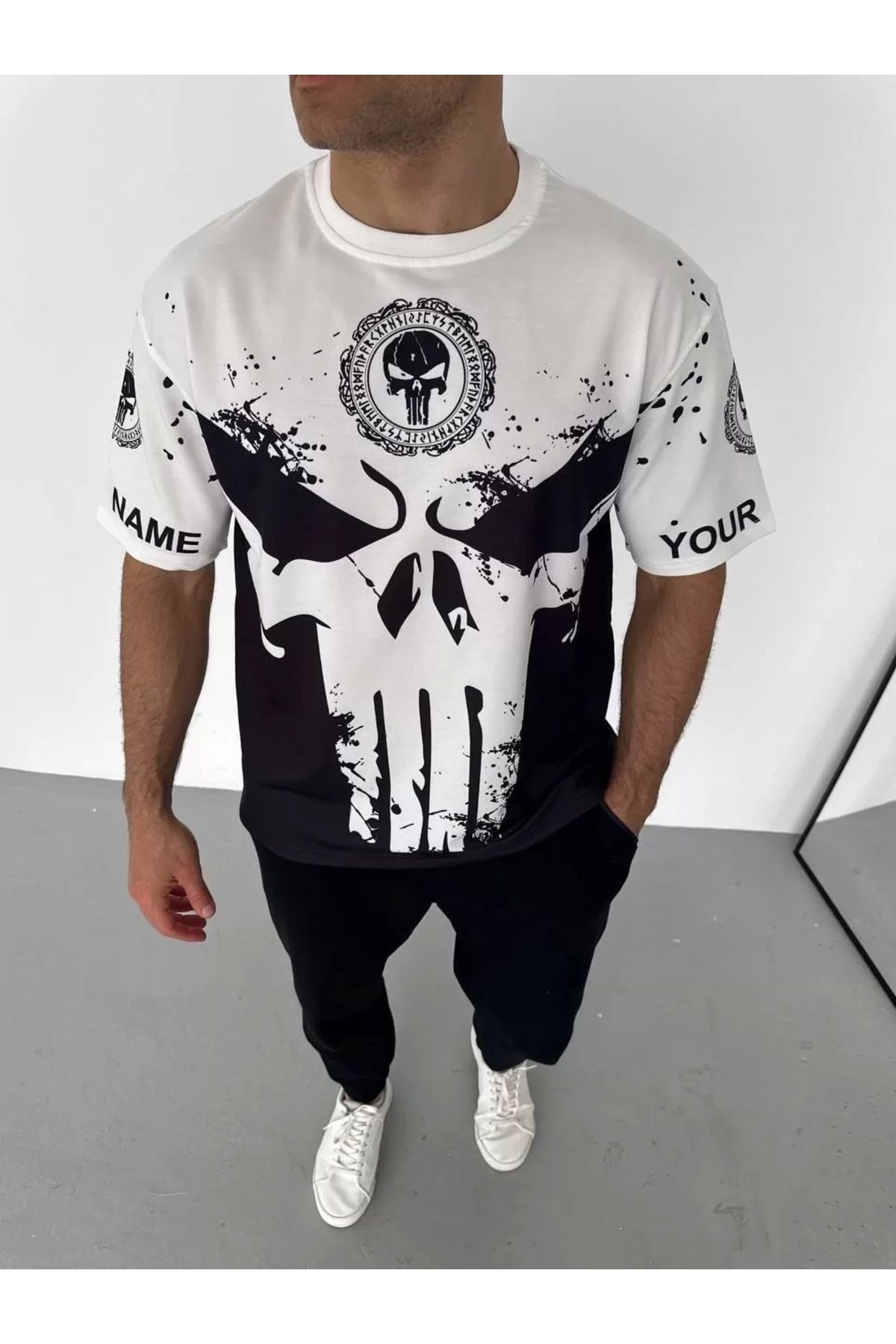 CVS Unisex Bisiklet Yaka Baskılı Oversize T-Shirt - Beyaz