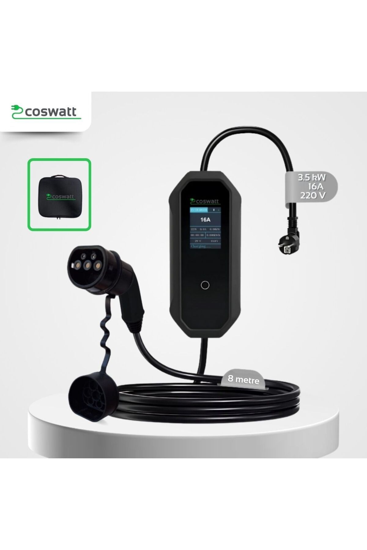 CksEnerji Coswatt Taşınabilir Elektrikli Araç Şarj Cihazı 16A 3,5kW Monofaze 8 METRE KABLO (TÜRKÇE MENÜ)
