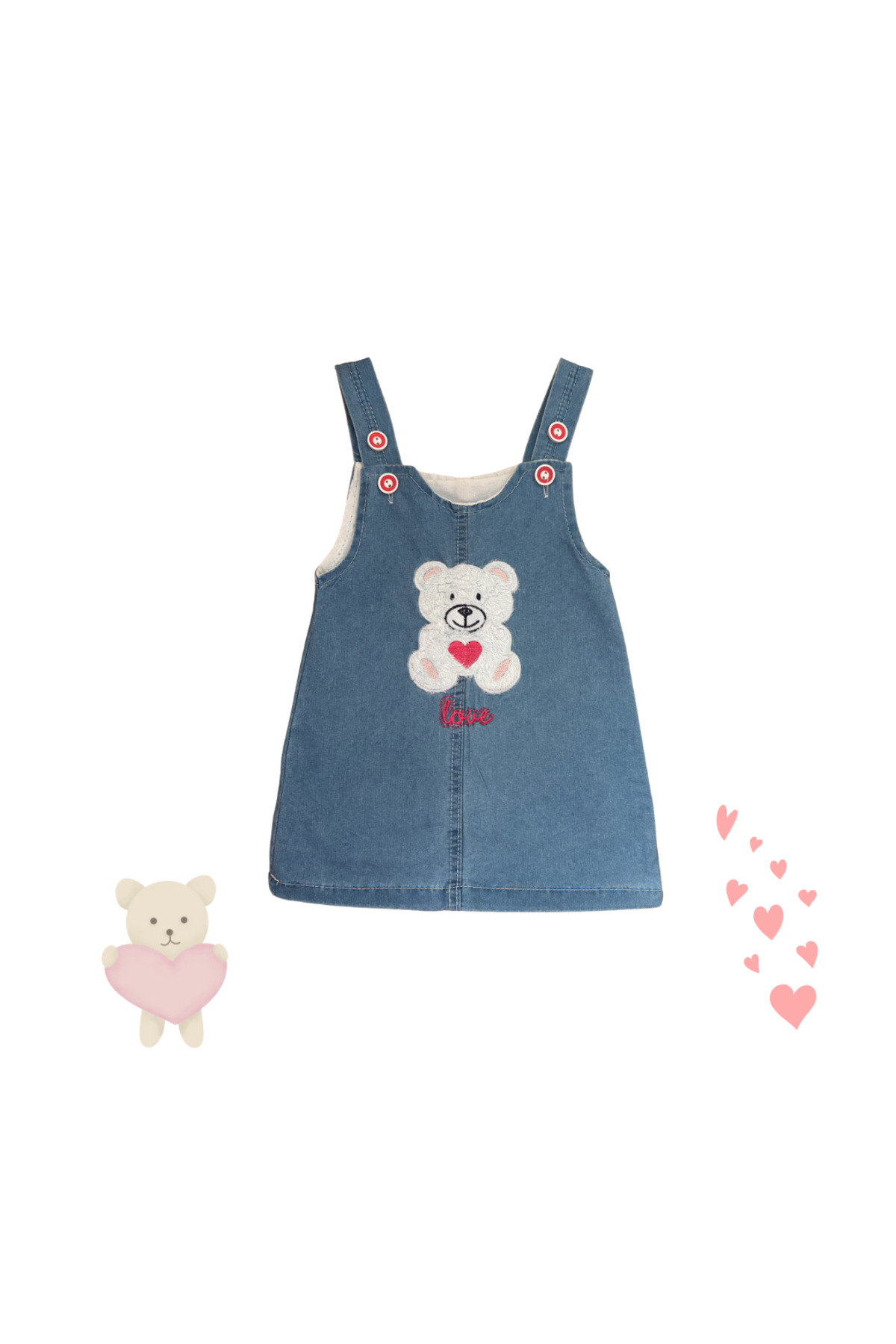 atishpoli Kız Çocuk Düğme Kapamalı Ayıcık İşlemeli Kot Jile Elbise 1-2-3-4 Yaş fotoğrafı 4 (önizleme)