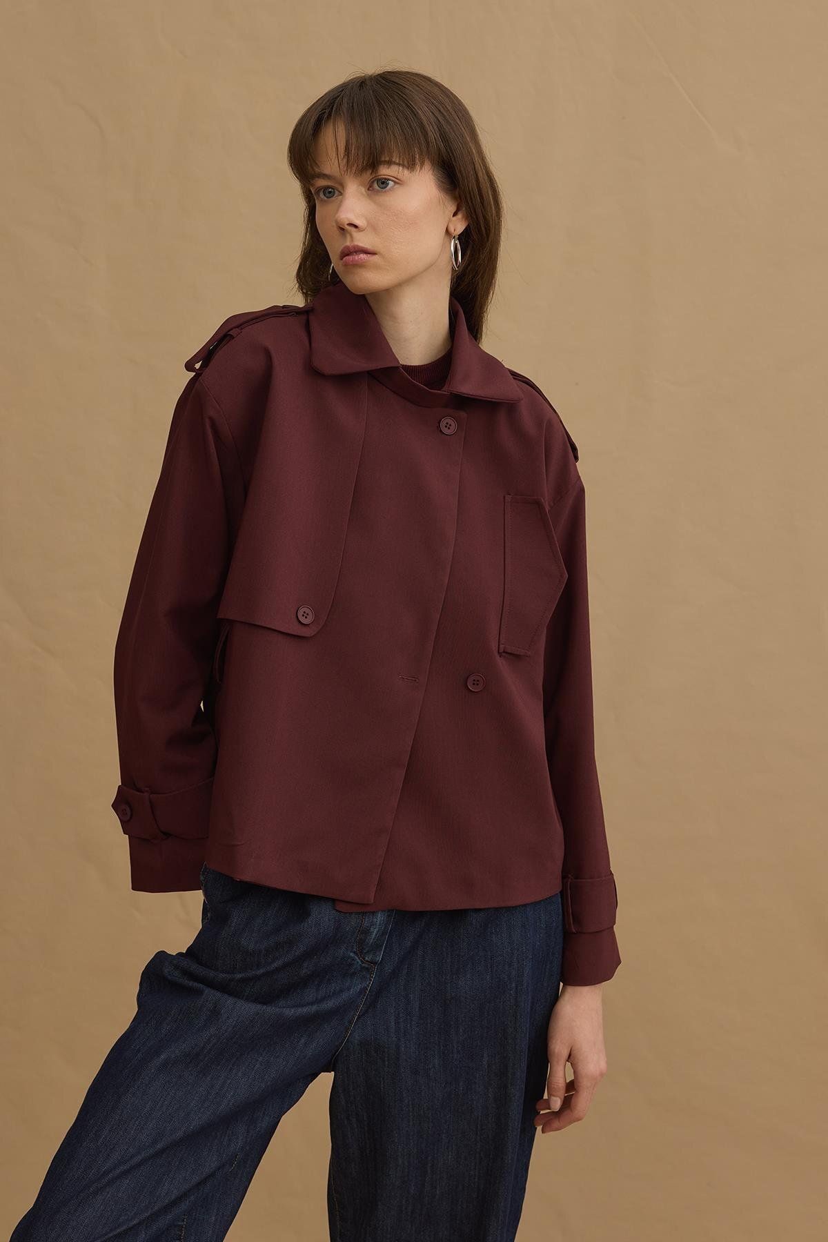 Fahhar-Short Trench Coat - Claret Red 6