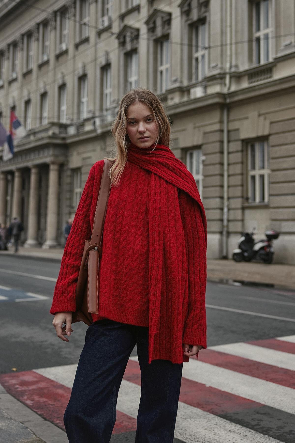 Fahhar Saç Örgü Atkılı Kazak Kırmızı