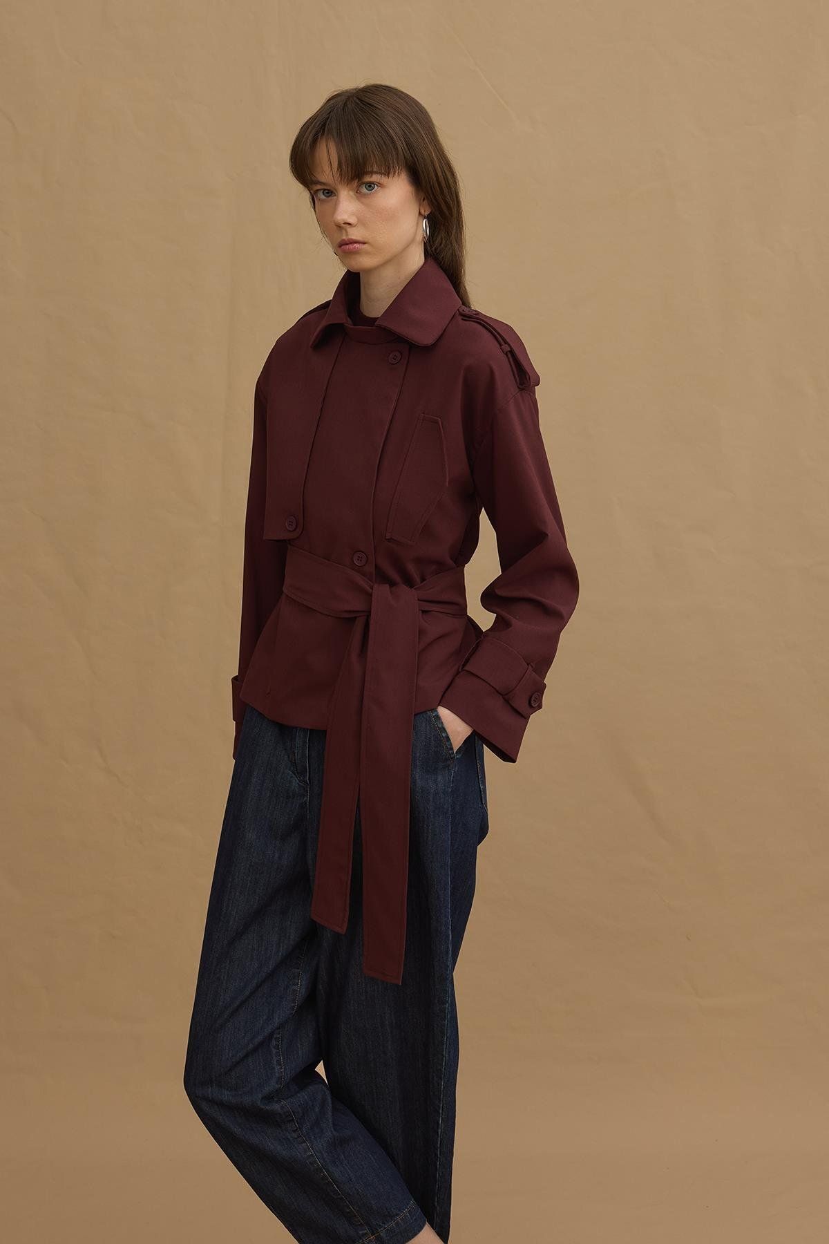 Fahhar-Short Trench Coat - Claret Red 2