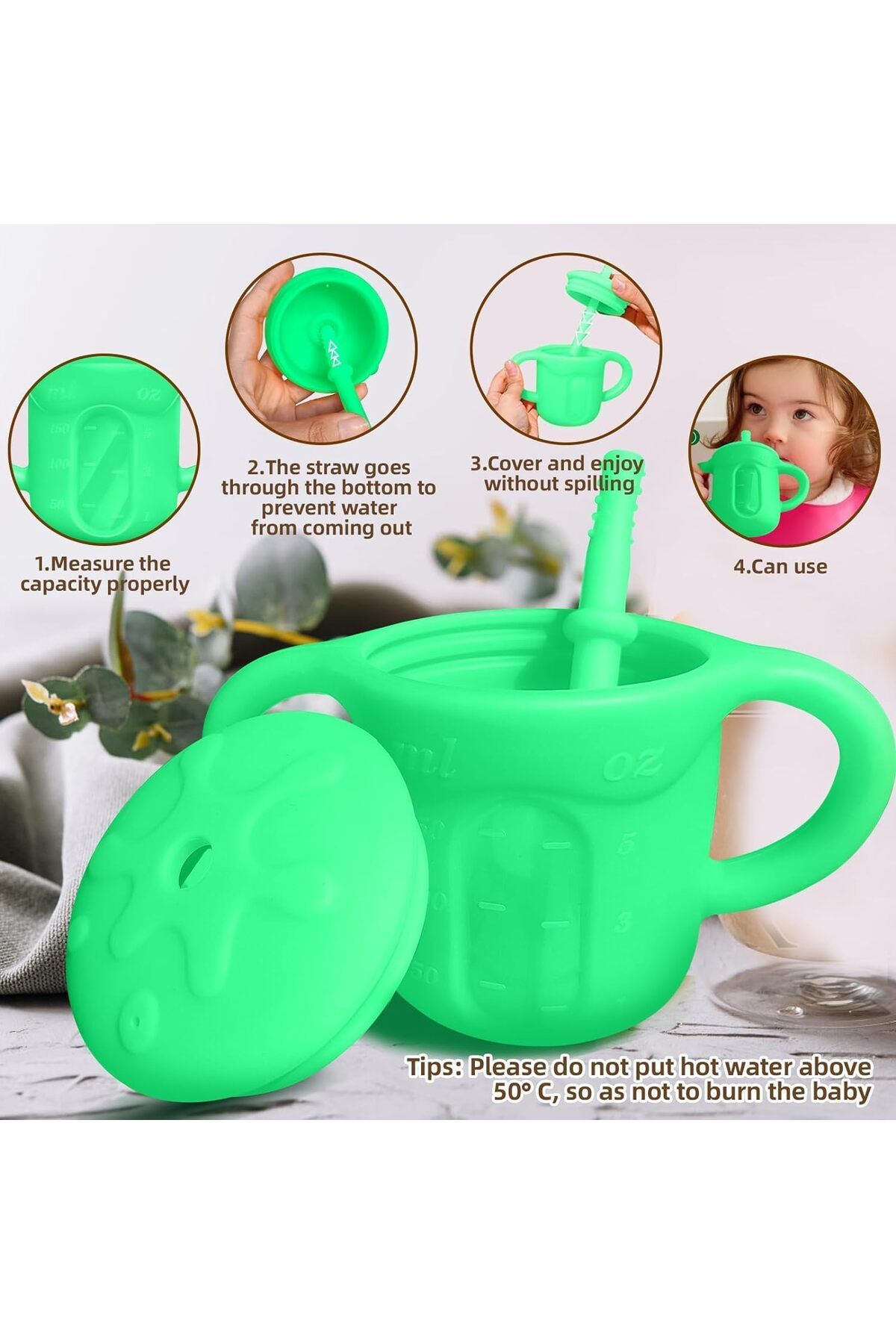 COOYA-Silicone Straw Cup with Straw, Lid and Built-in Dimensions, Drinking Training for Infants 6
