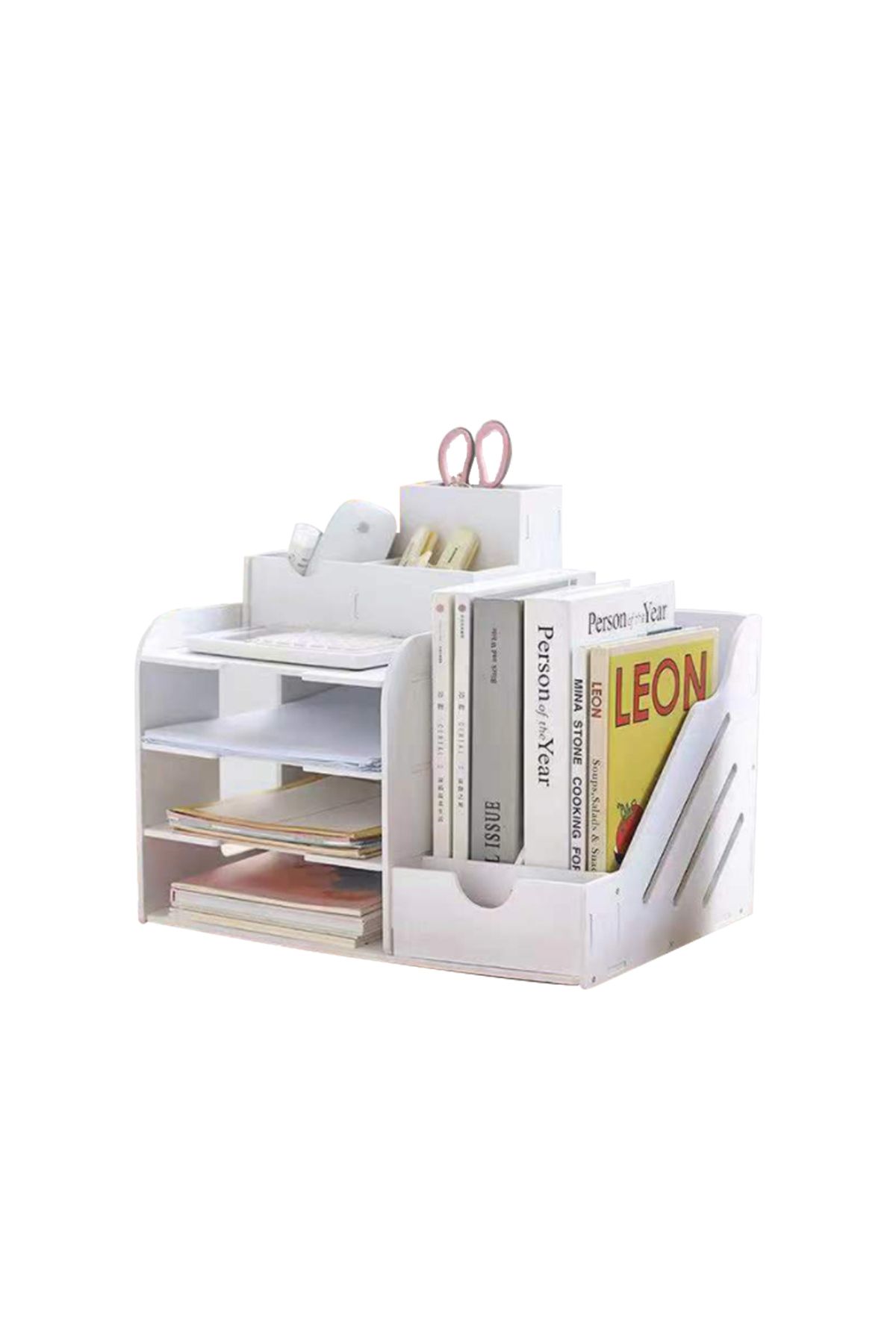 KidLe-4 Tier Office White Desktop Organizer A4 Paper File Rack with Vertical Horizontal File 1