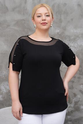 Siyezen Büyük Beden File Detaylı Gümüş Düğme Aksesuarlı Bluz