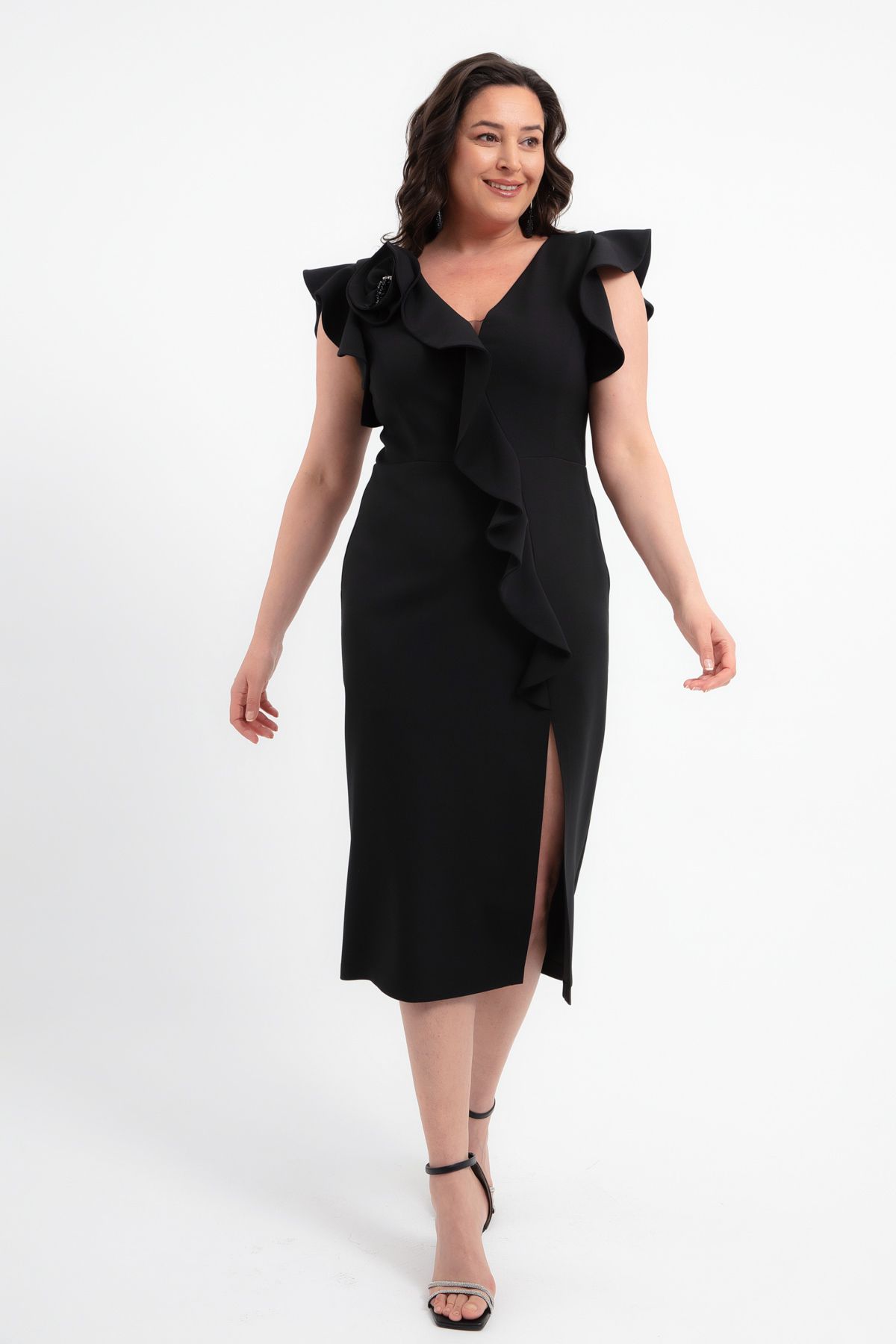 Lafaba-Women's Black Rose Detail Slit Plus Size Midi Evening Dress 1