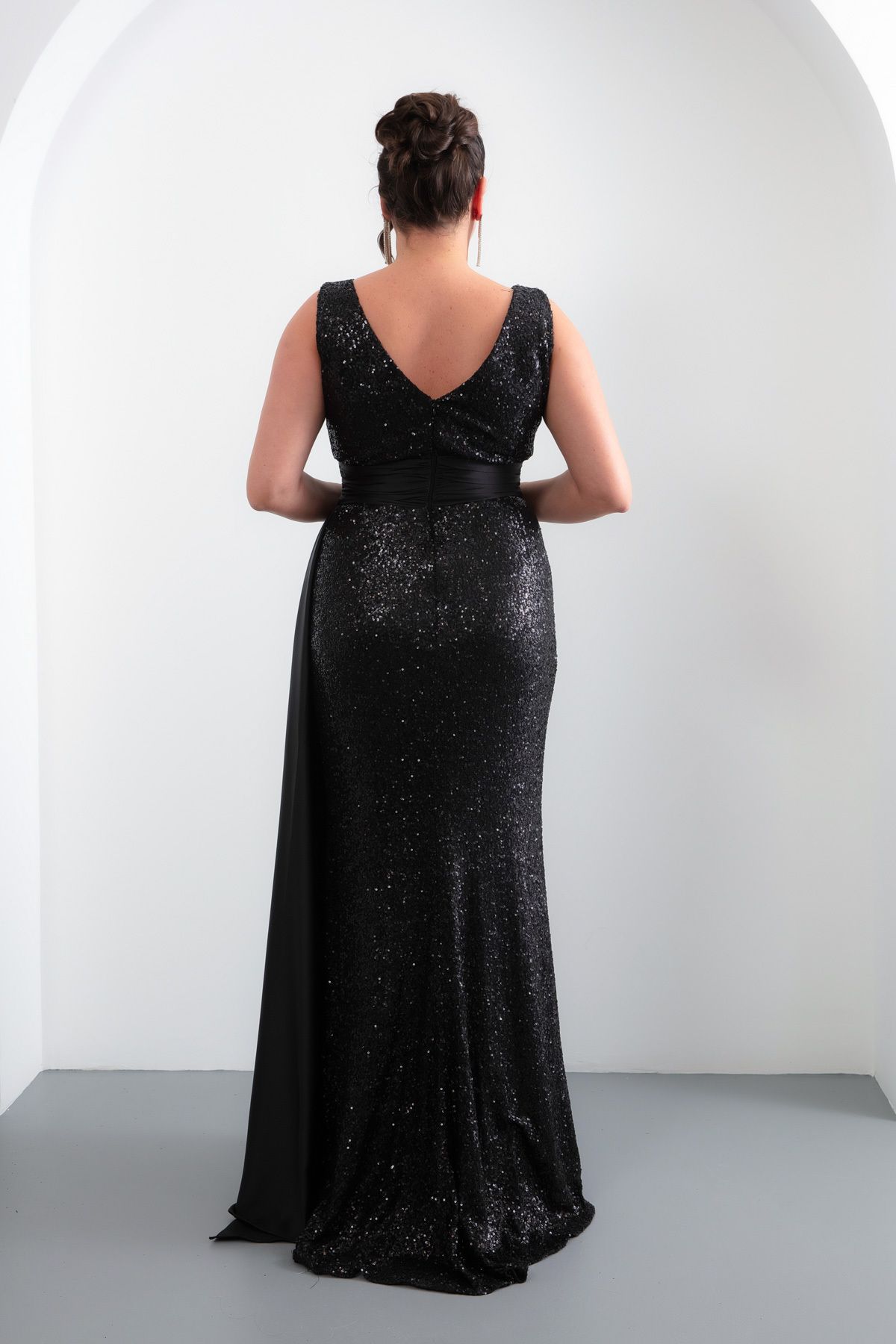 Lafaba-Women's Black Waist Draped Sequin Sequin Long Plus Size Evening Dress 5