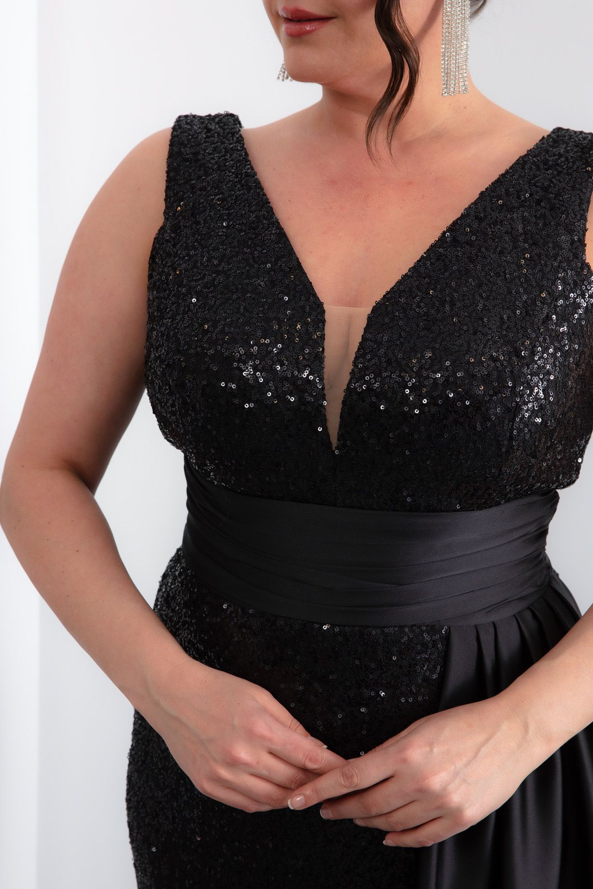 Lafaba-Women's Black Waist Draped Sequin Sequin Long Plus Size Evening Dress 4