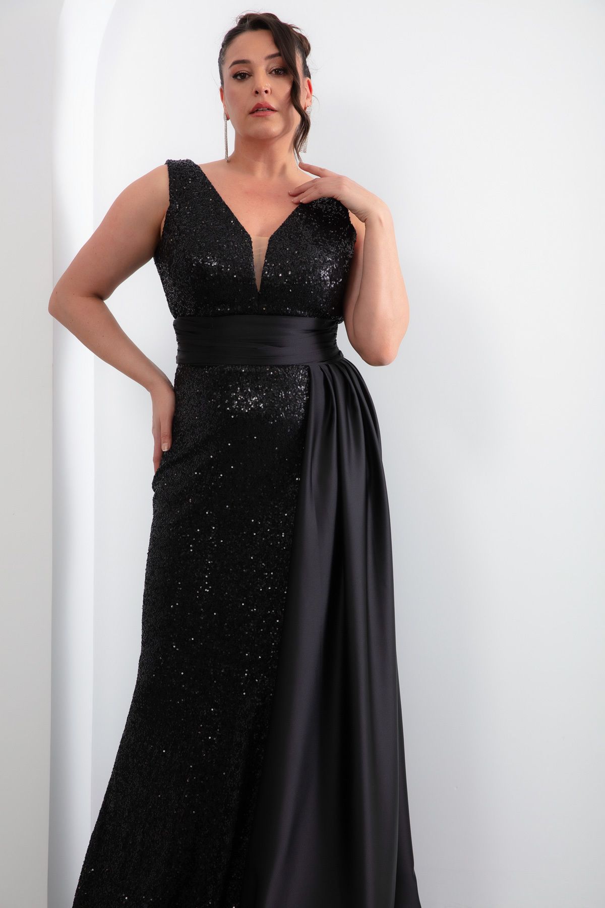 Lafaba-Women's Black Waist Draped Sequin Sequin Long Plus Size Evening Dress 3