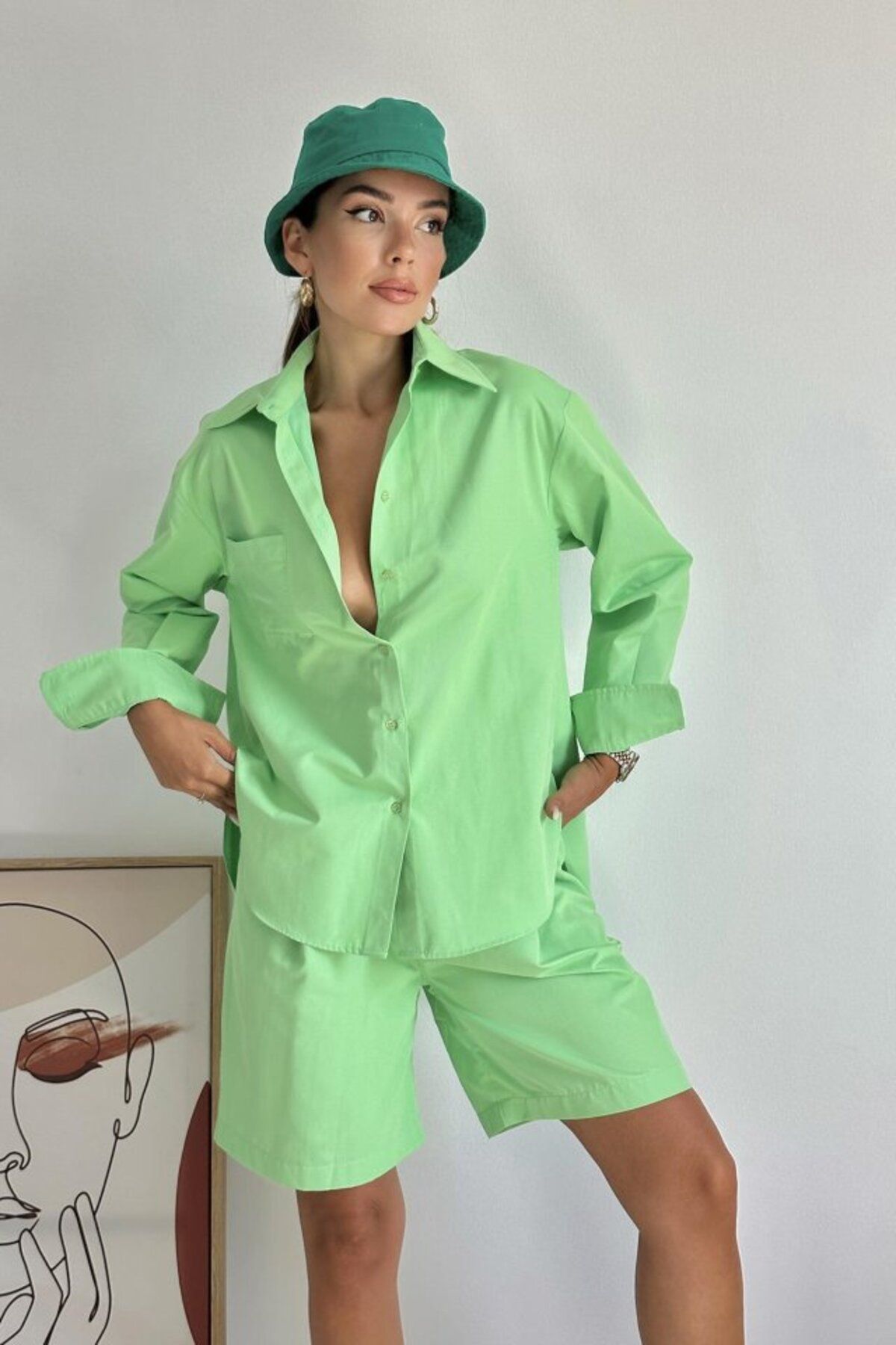 Kokosh moda Fıstık Yeşili Önü Cepli Gömlek Ve Şort Takım