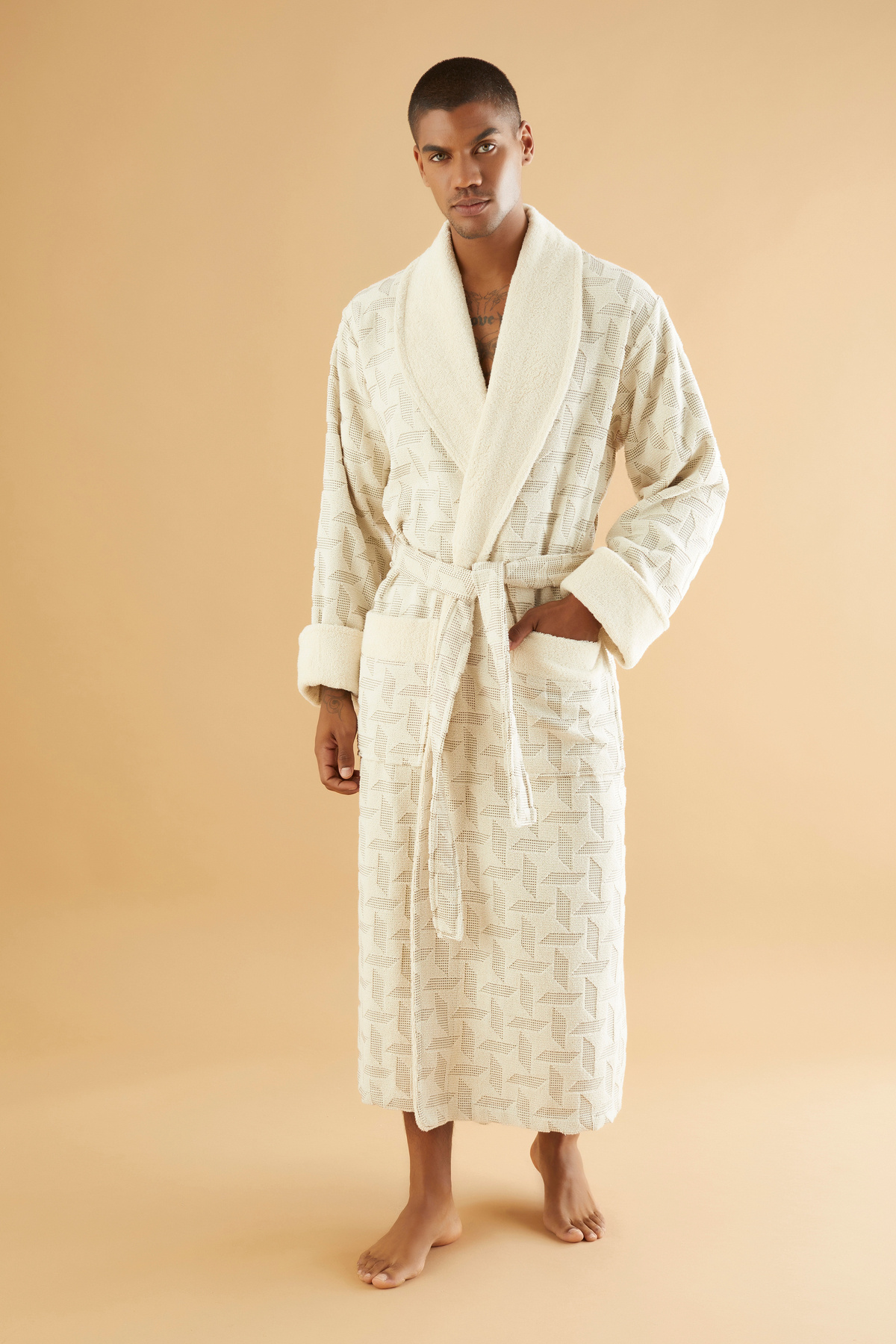 Nuşa-Natural Organic Jacquard 100% Cotton Men's Bathrobe 3