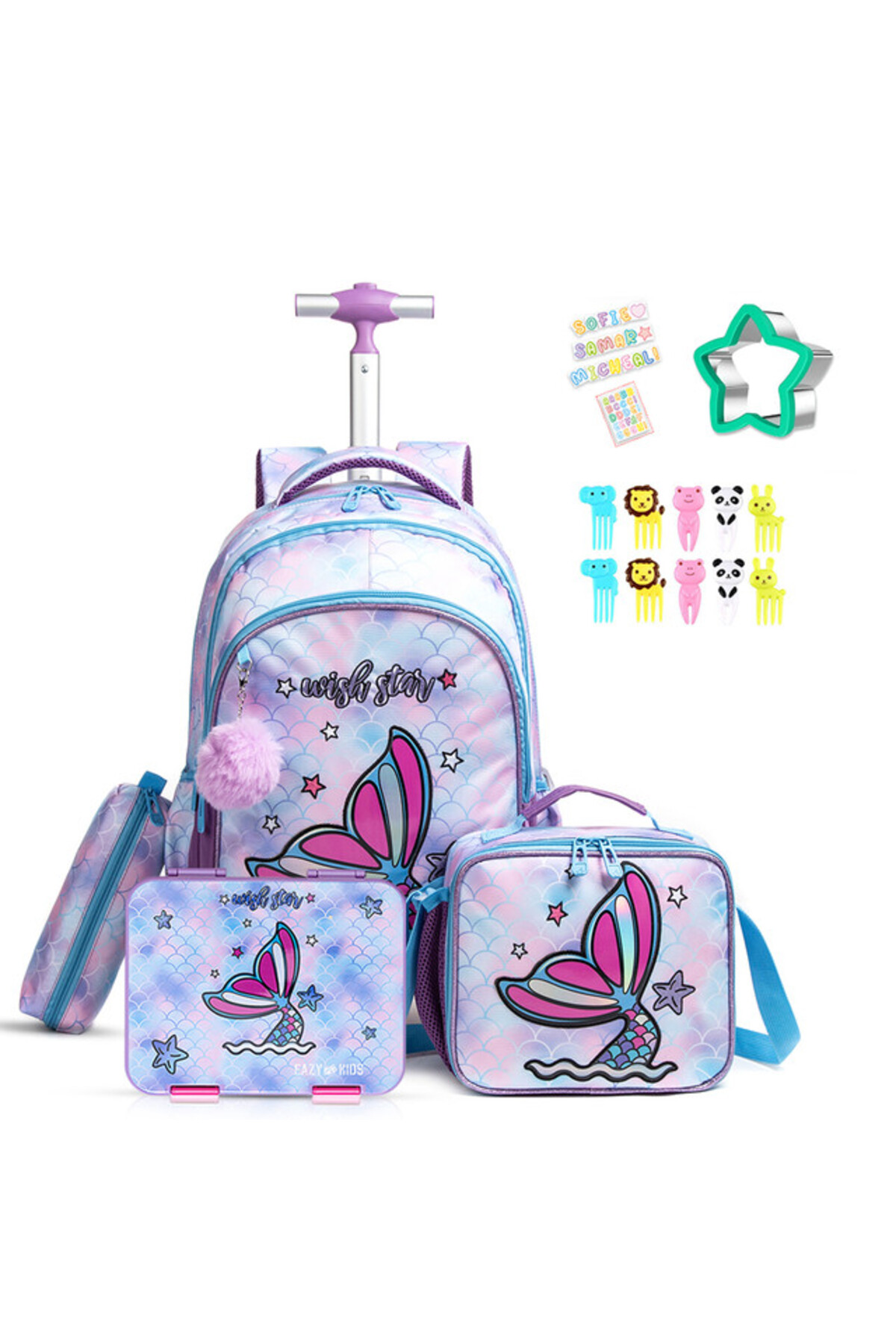 Eazy Kids 18Inch Set of 4 Trolley School Bag with Bento Lunch Box, Lunch Bag and Pencil Case - Mermaid Purple