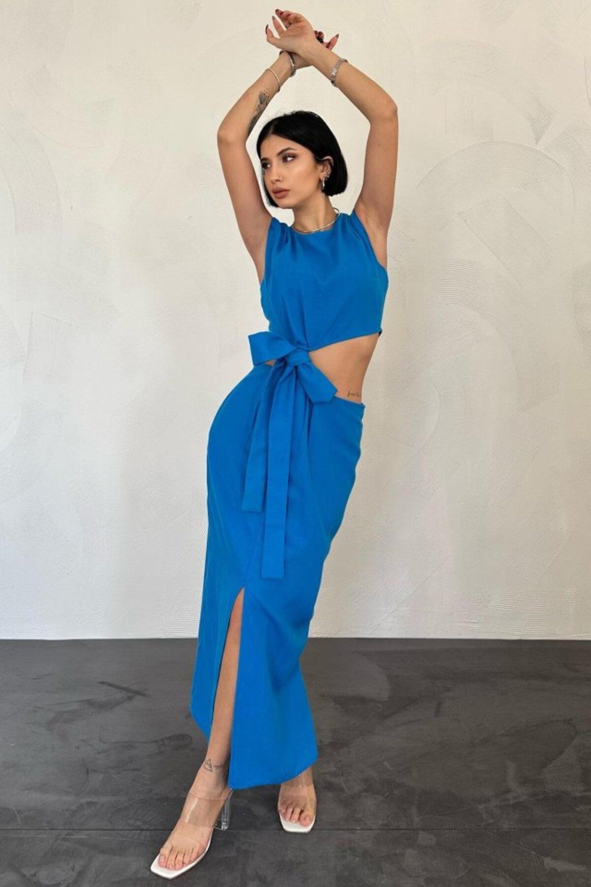fh fashionhere Turkuaz Kuşaklı Crop Ve Etek Takım