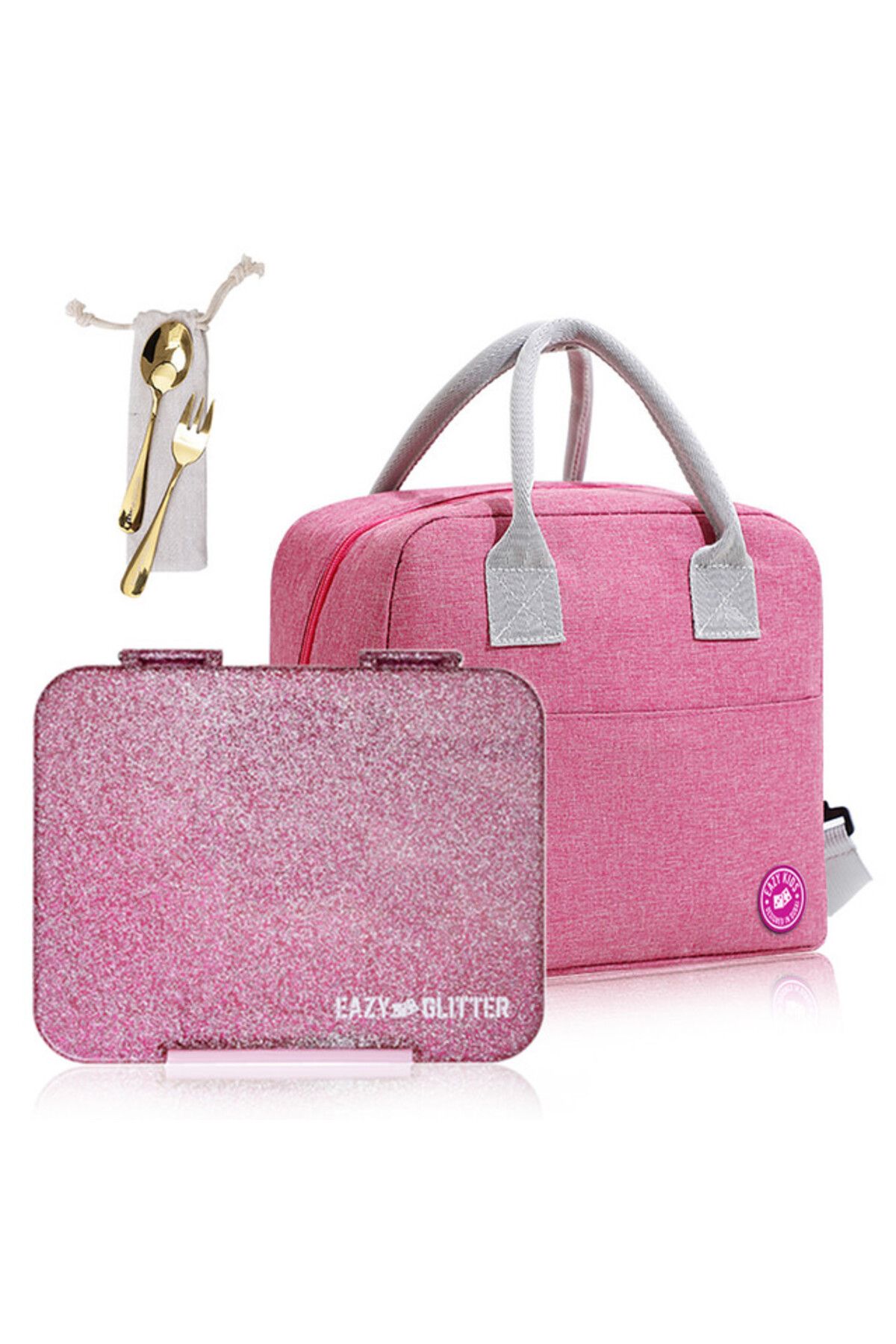 Eazy Kids 6 & 4 Convertible Bento Lunch Box w/ Lunch Bag and Spoon Fork Set - Glitter Pink