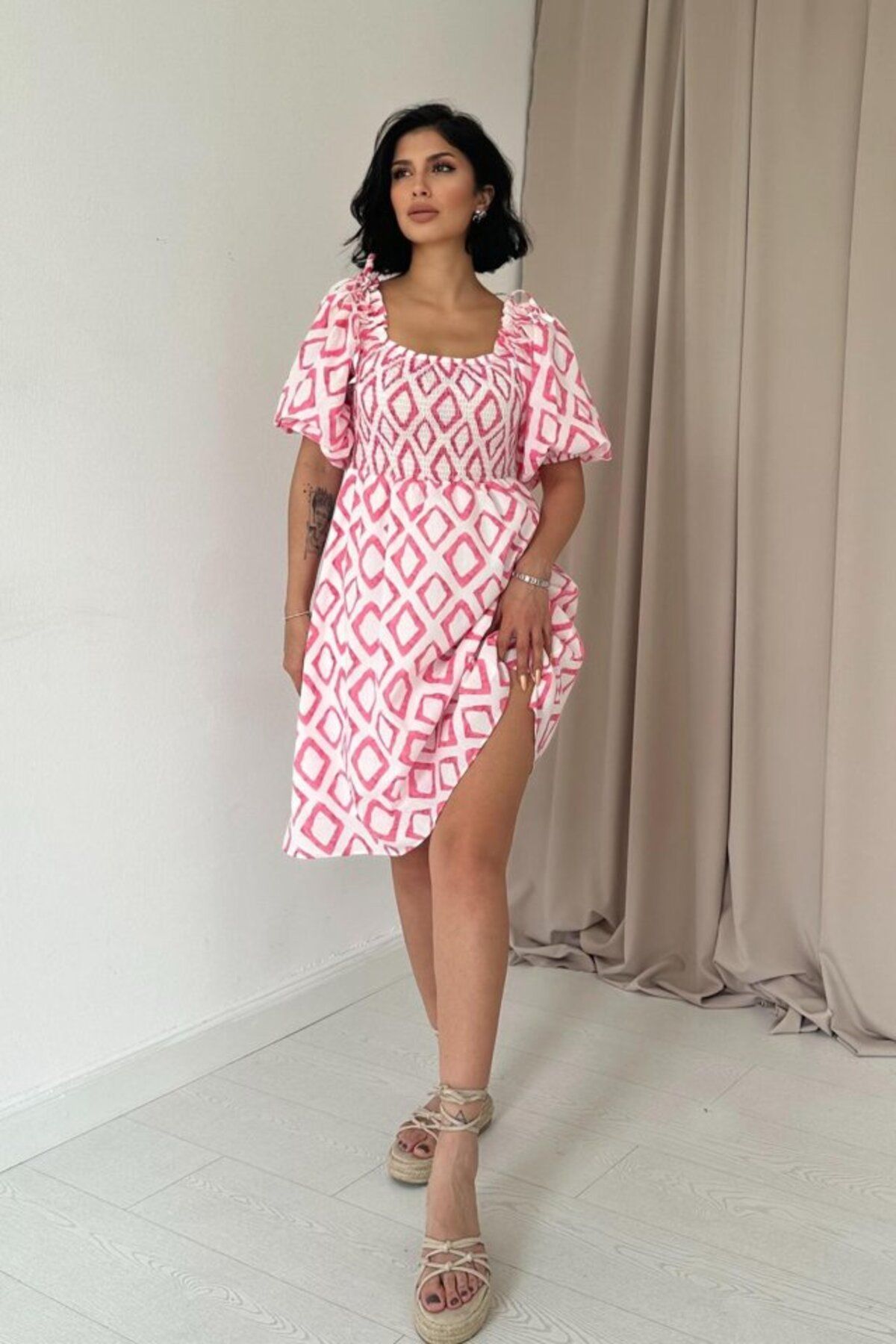 MRA Fashion Fuşya Kare Desenli Yazlık Elbise