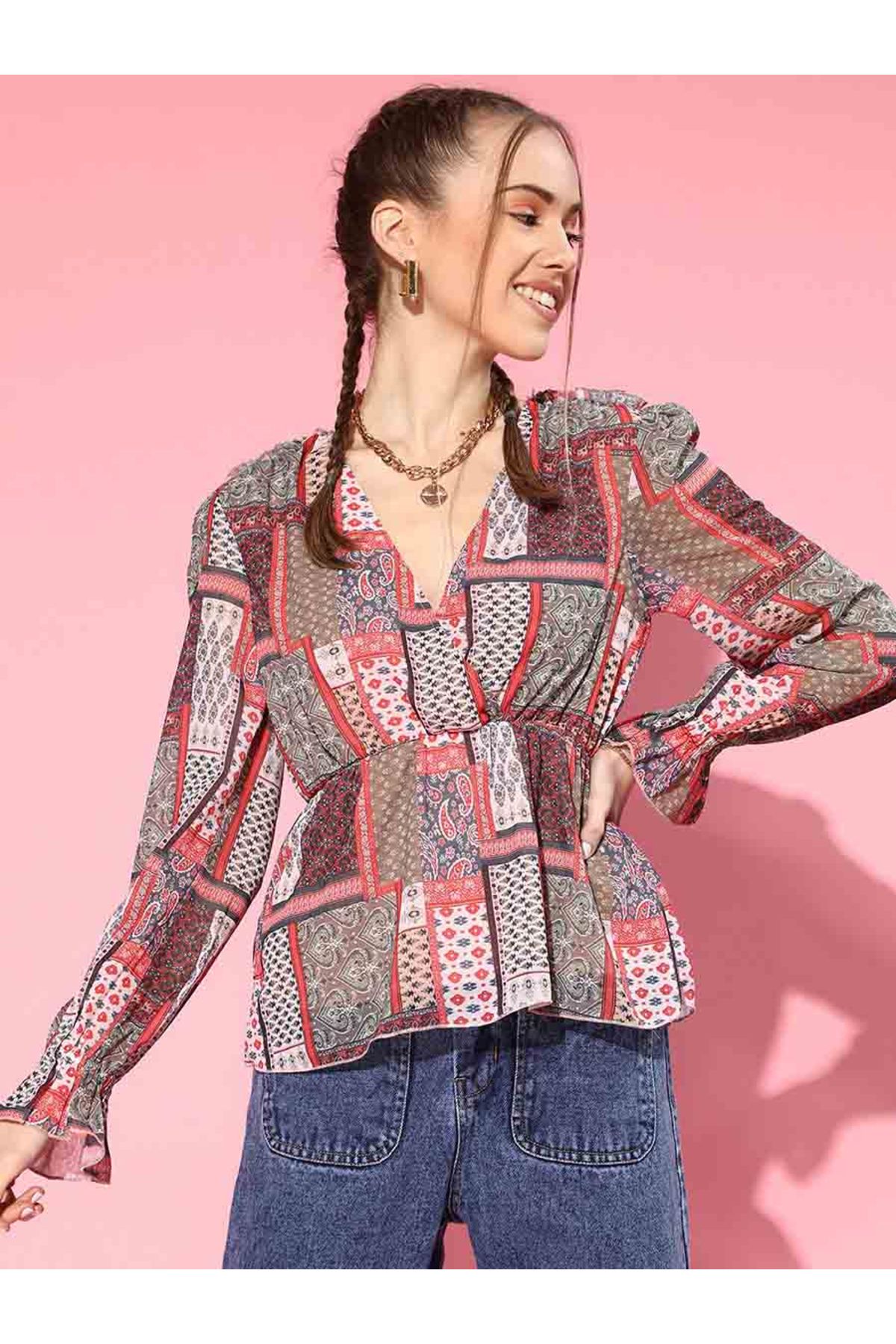 Sassafras By Styli-Patch Print Wrap Peplum Top 2