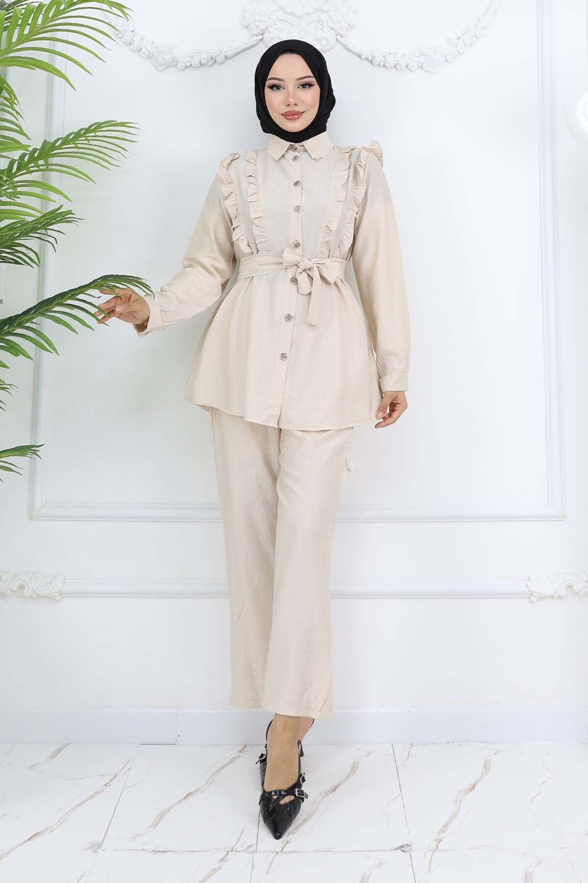 benguen-Ruffle Detailed Belted Double Suit Stone Color 4781 4
