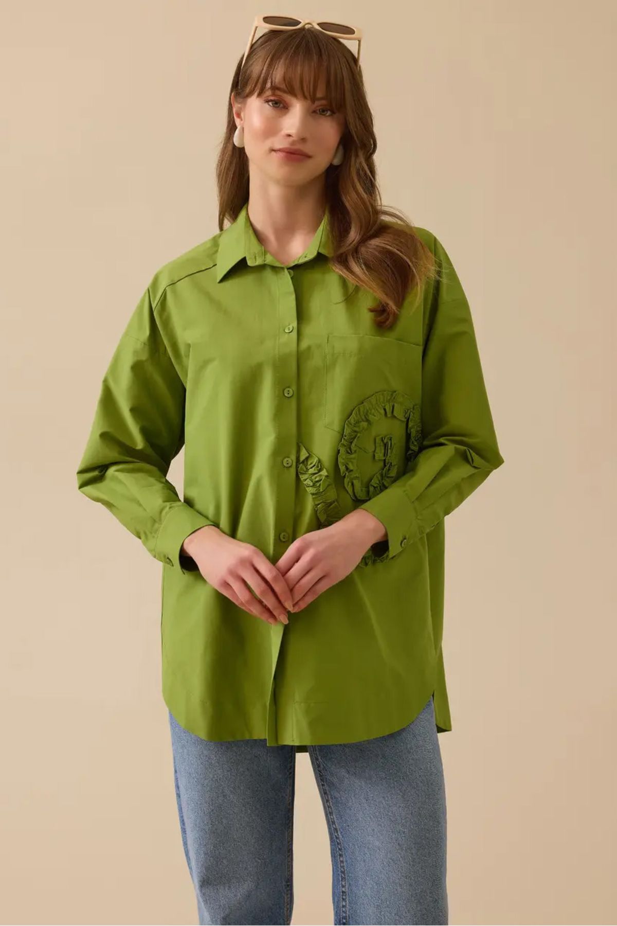 SEÇİL-Cămașă verde oversize - detaliată cu nasturi pentru femei 1