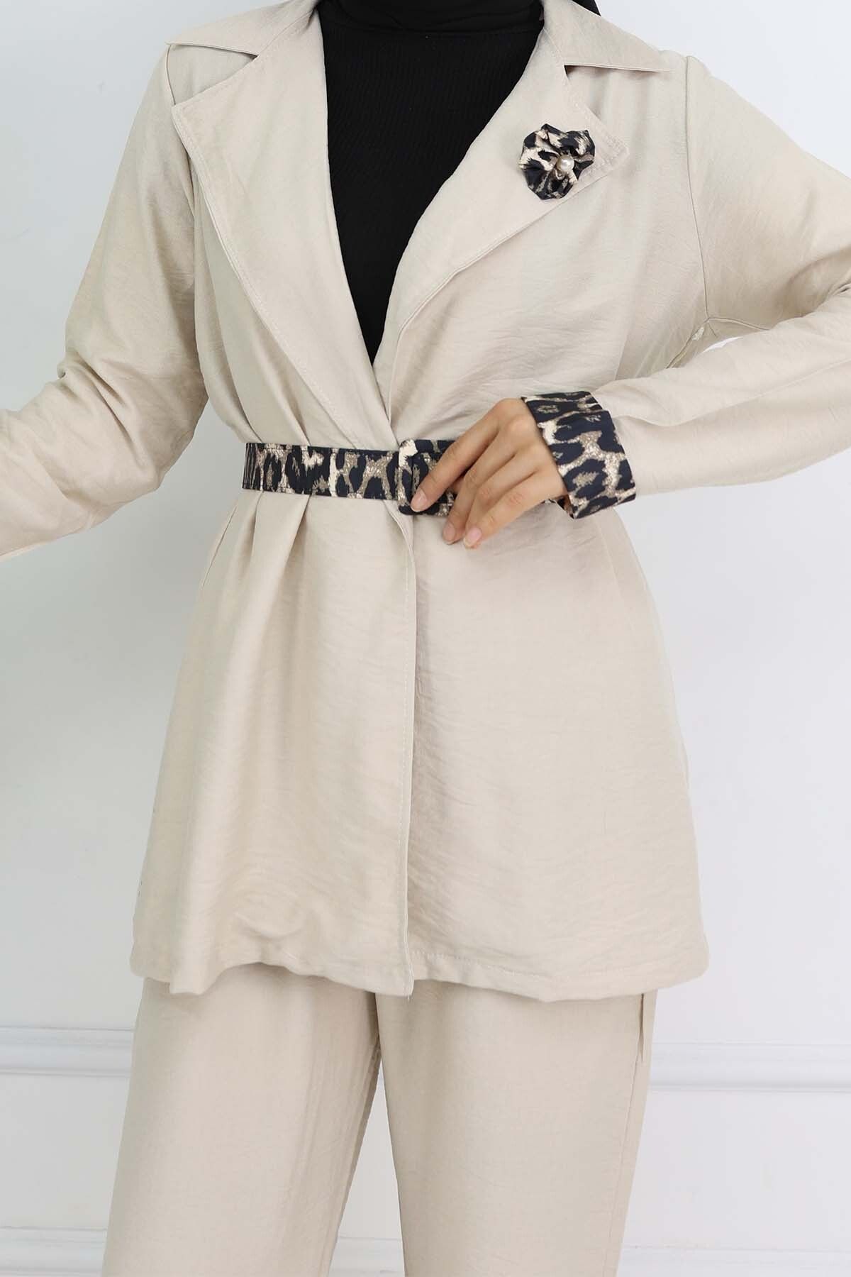 benguen-Leopard Patterned Belted Jacket and Pants Set Stone Color 4718 3