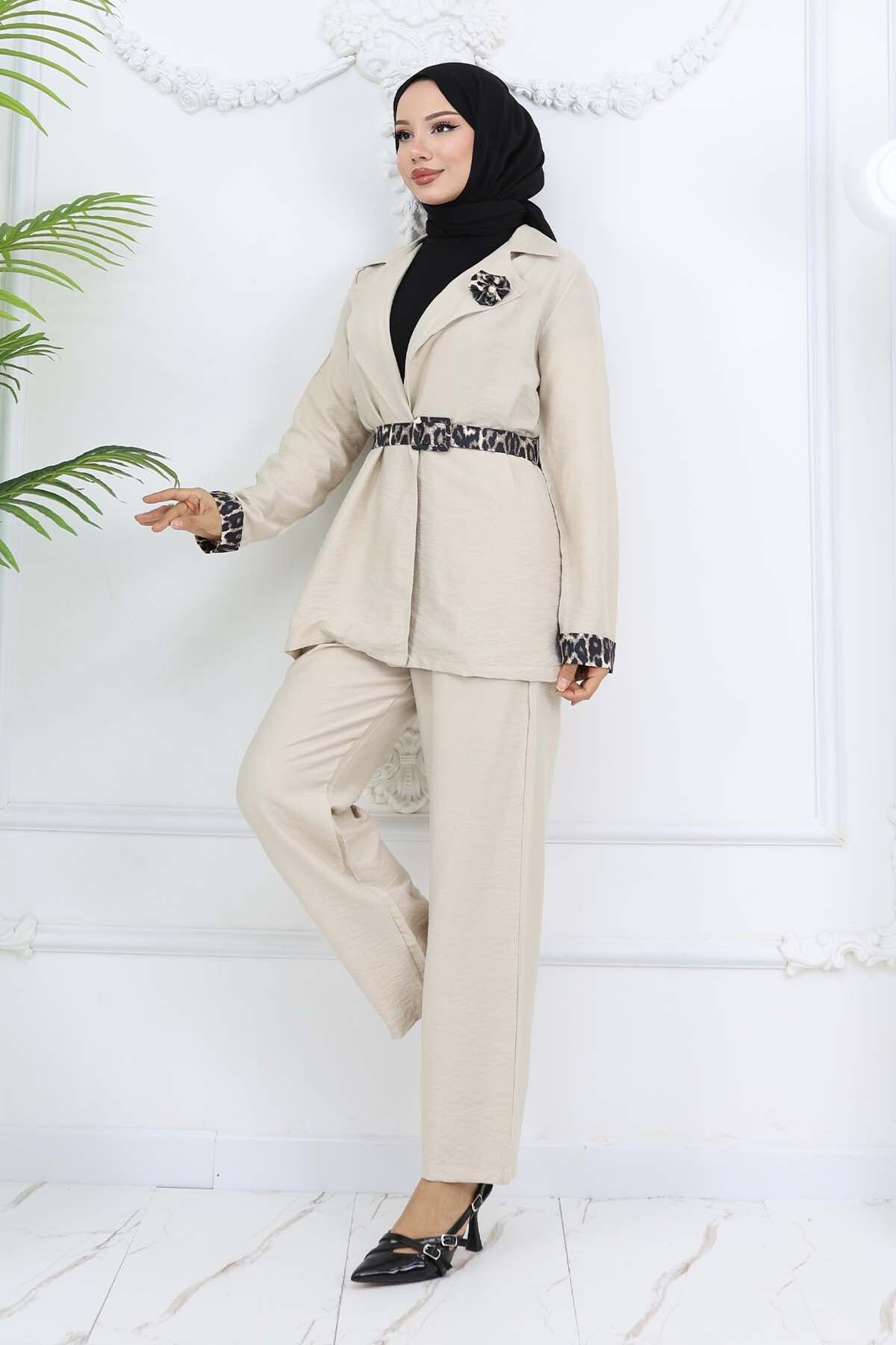 benguen-Leopard Patterned Belted Jacket and Pants Set Stone Color 4718 4