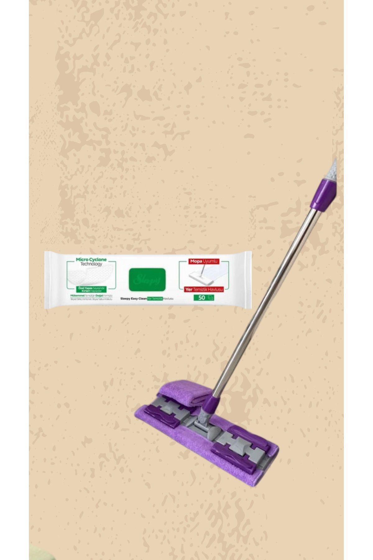 Sleepy Easy Clean Mopa Uyumlu Yer Temizlik Havlusu 50 Yaprak + Mandallı Mop Aparatı