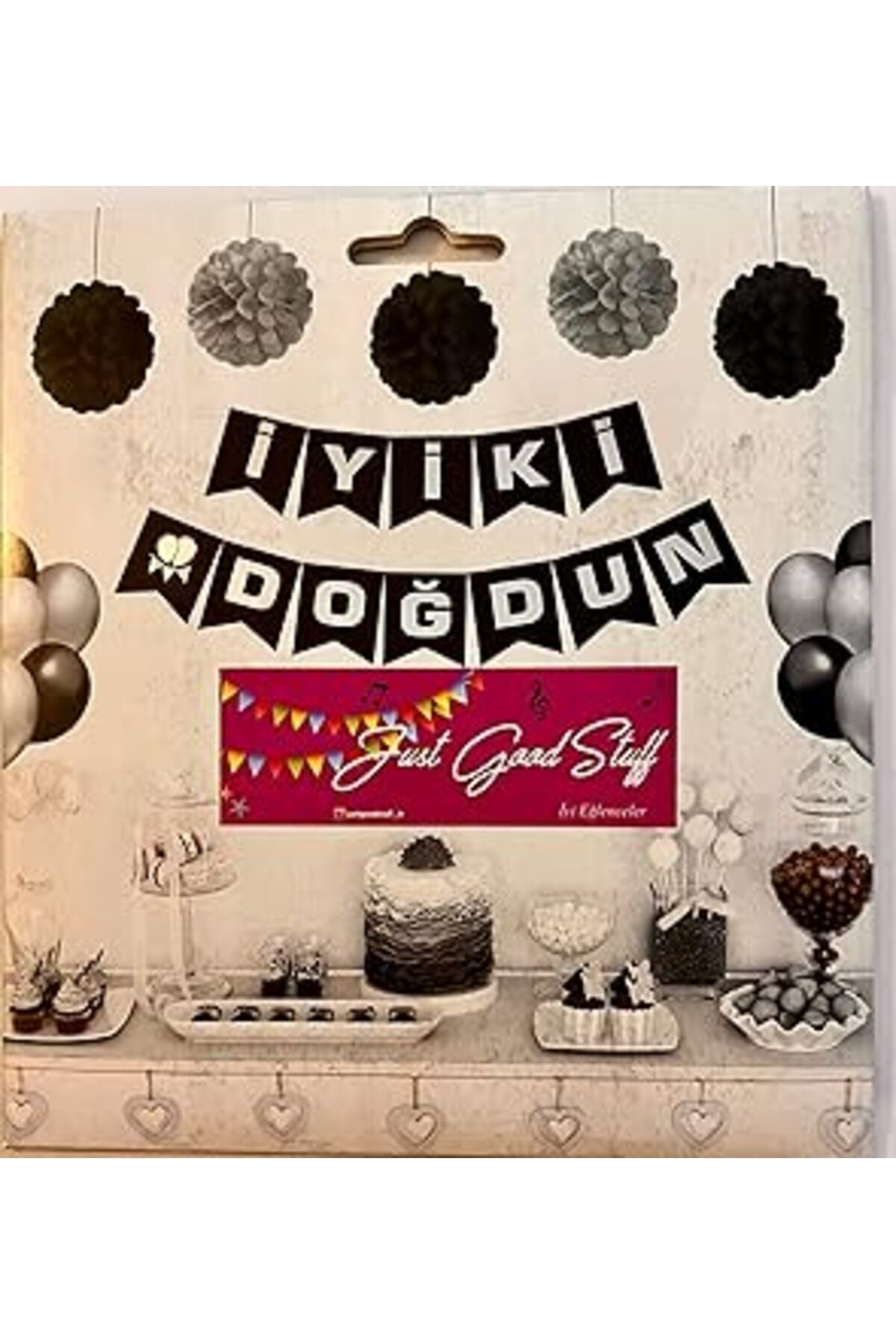 Mu Art Justgoodstuff - Parlak Harfli İyi Ki Doğdun Banner, 1,8 Mt, Siyah Zemin, Gri Yazı