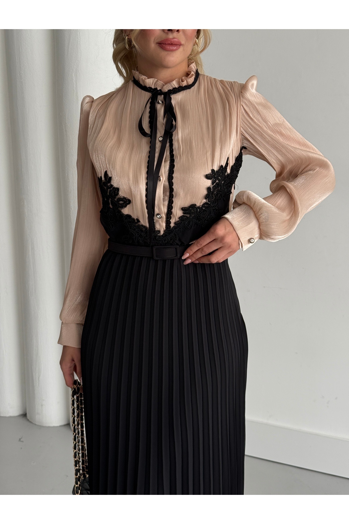 1Moda1Tarz-Rochie de damă din țesătură din șifon Yoryo, argintiu, importată, cu dantelă, cu pliuri, căptușită cu panglică, cu design special 3