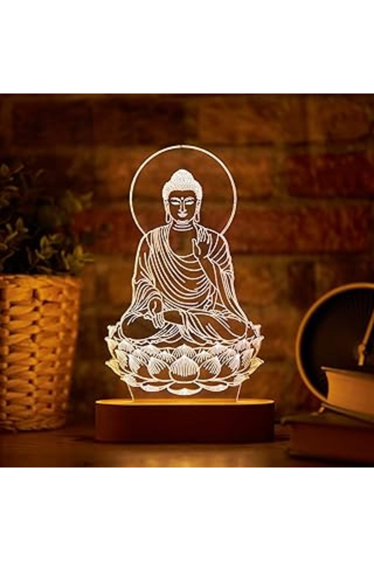 NETWORK ART Buddha Tasarımlı Led Lamba - 22 x 14 cm - Ahşap Kaideli Dekoratif Gece Lambası