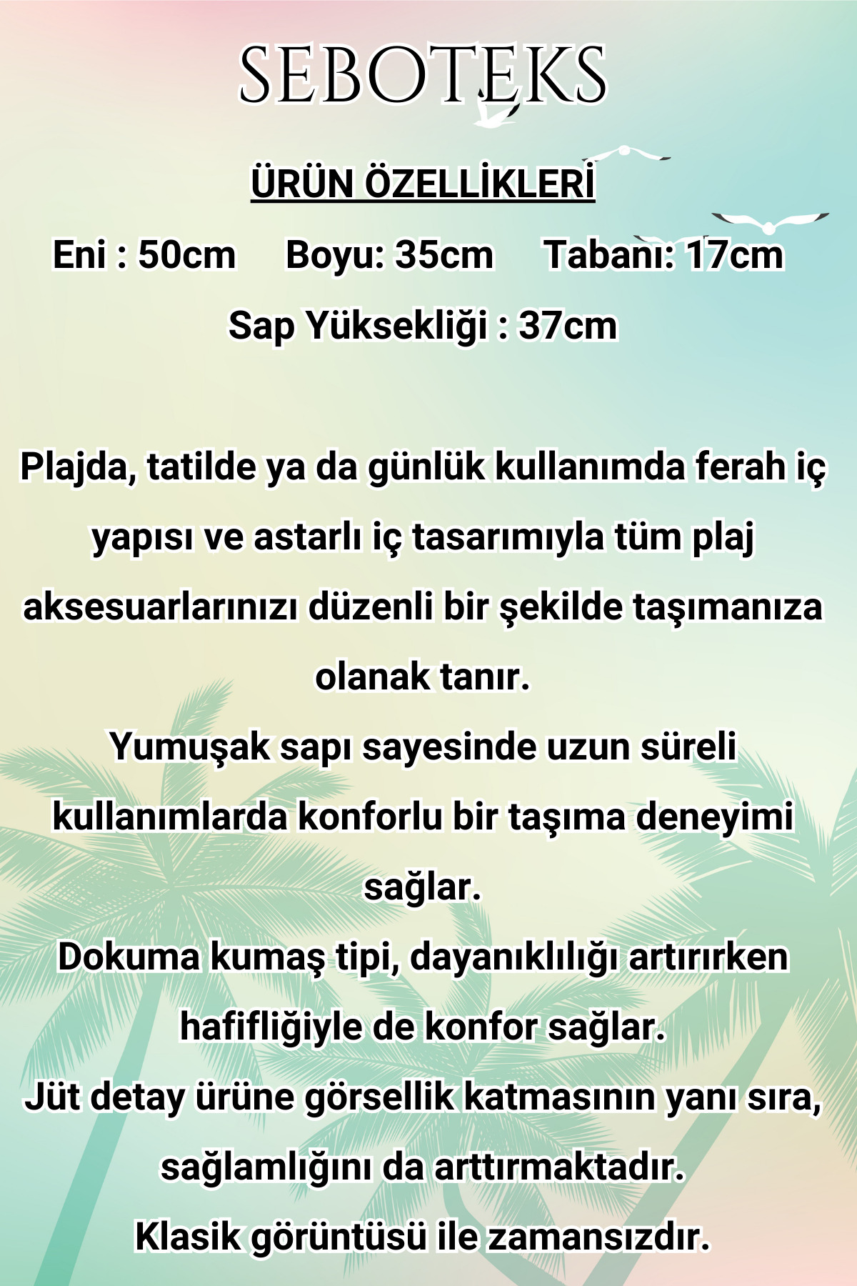SEBOTEKS Jüt Detaylı Fermuarlı Içi Astarlı Cepli Plaj Çantası Sbc3230 görsel 5