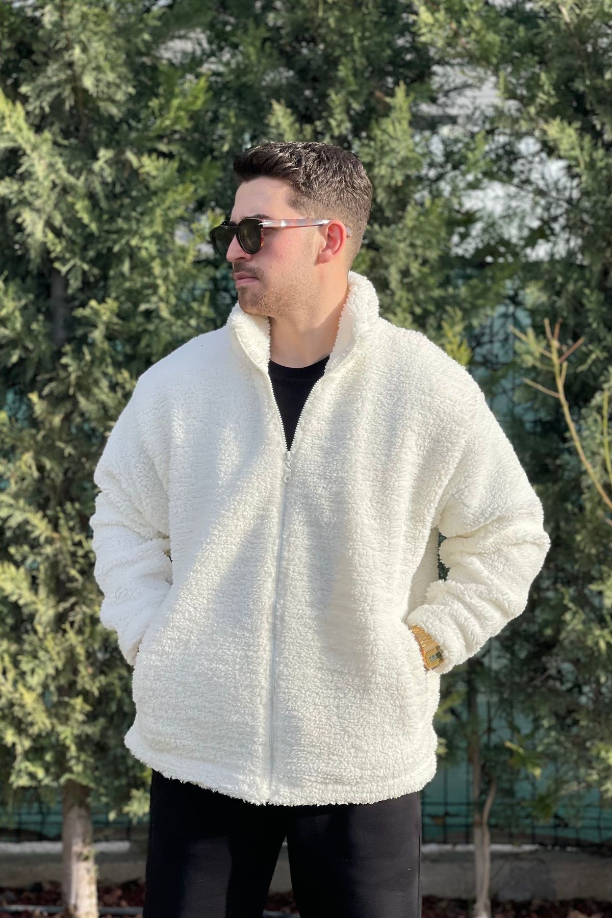 MBEY1989-Stand Collar Pocketed Plush Coat Unisex 3