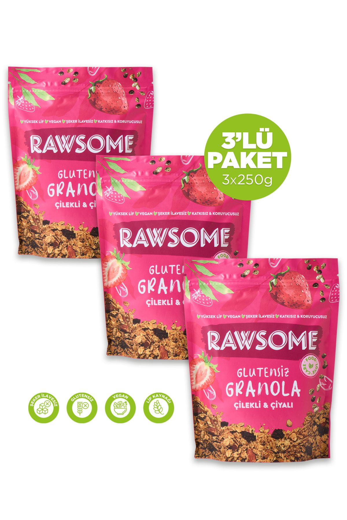 Rawsome 3'lü Glutensiz Çilekli & Çiyalı Granola 3x250g