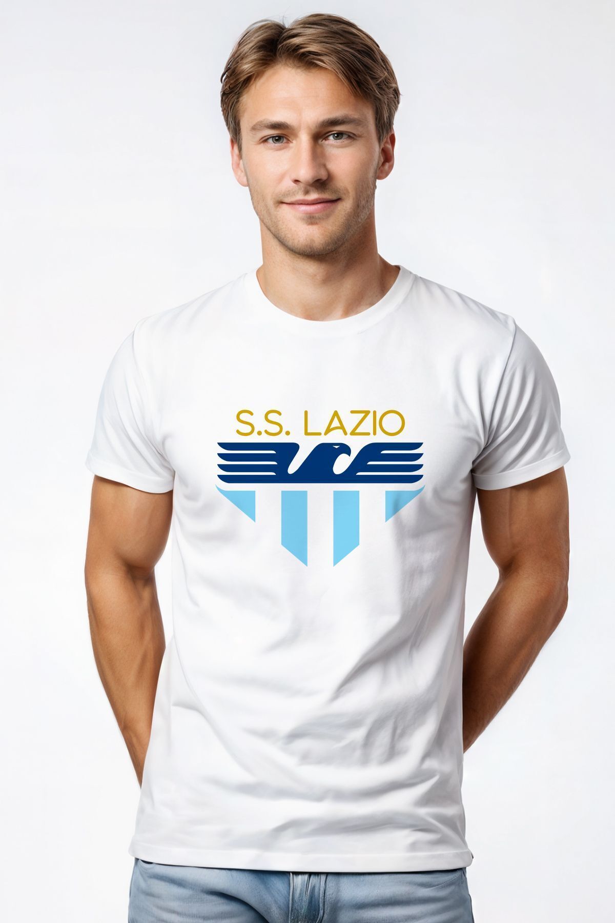 Futbolos-تي شيرت رجالي أبيض - طباعة Lazio، رقبة دائرية 2