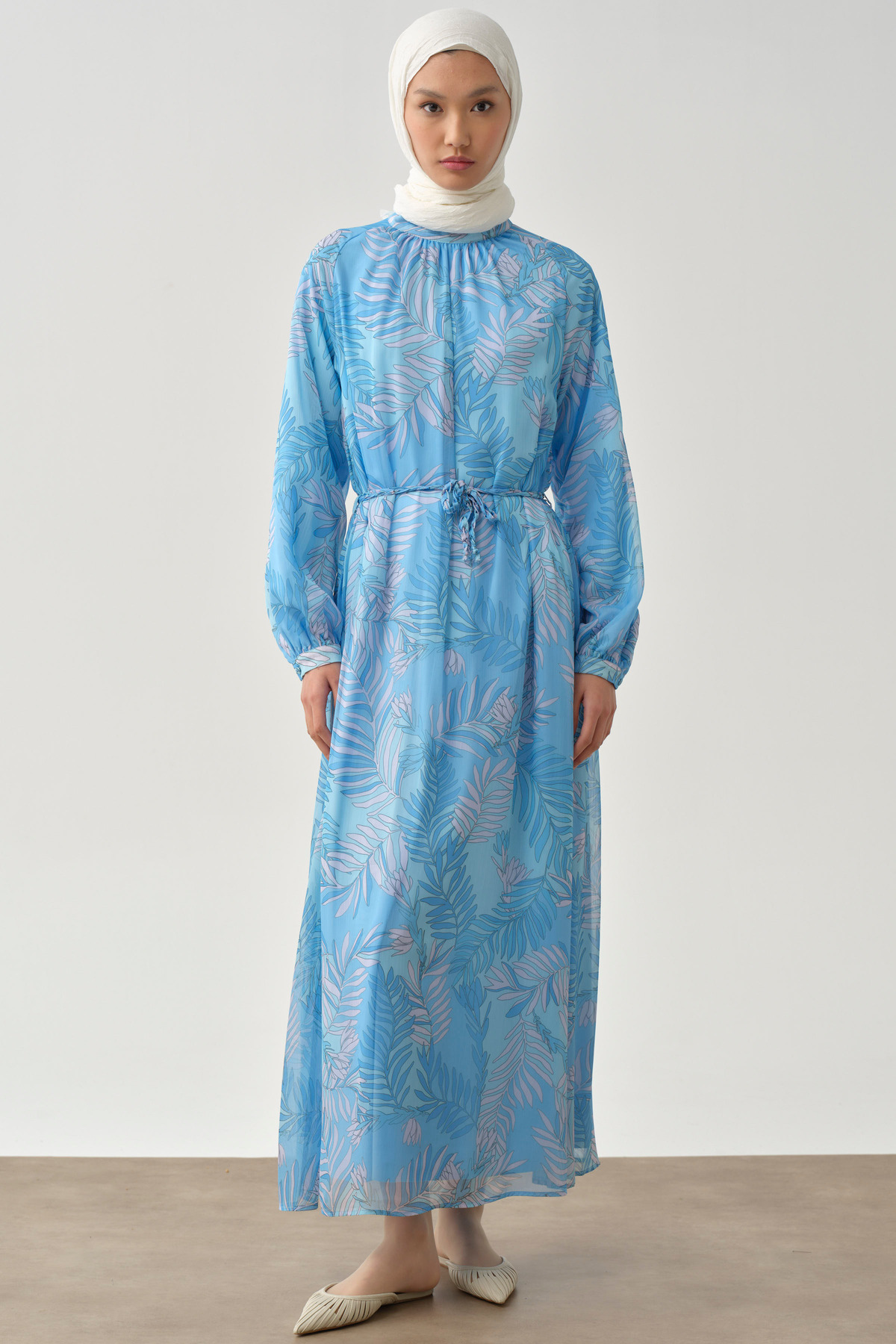 لباس مجلسی طرح‌دار بافتنی کمربنددار - آبی Tuğba