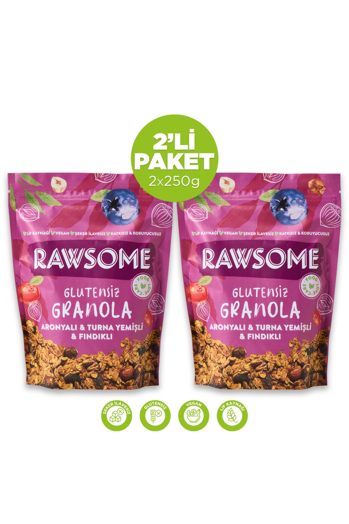 Rawsome 2'li Glutensiz Aronyalı & Turna Yemişli & Fındıklı Granola 2x250g