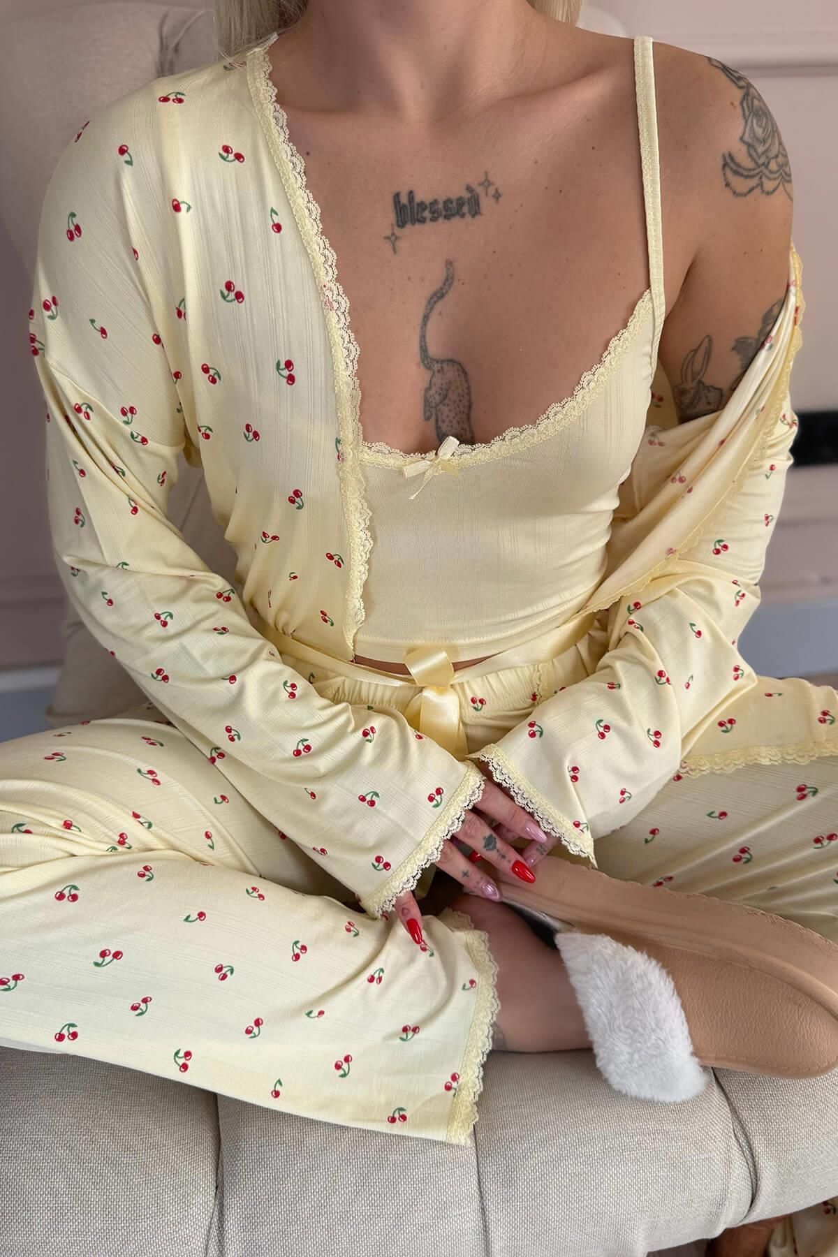 Pijamaevi-Vanilla Cherry Blossom Patterned Marlenka Pajama Set with Dressing Gown 5