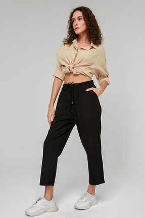 MONAHA Kadın Siyah Bol Kesim Bilek Boy Keten Pantolon - Pamuklu, Yüksek Bel, ...